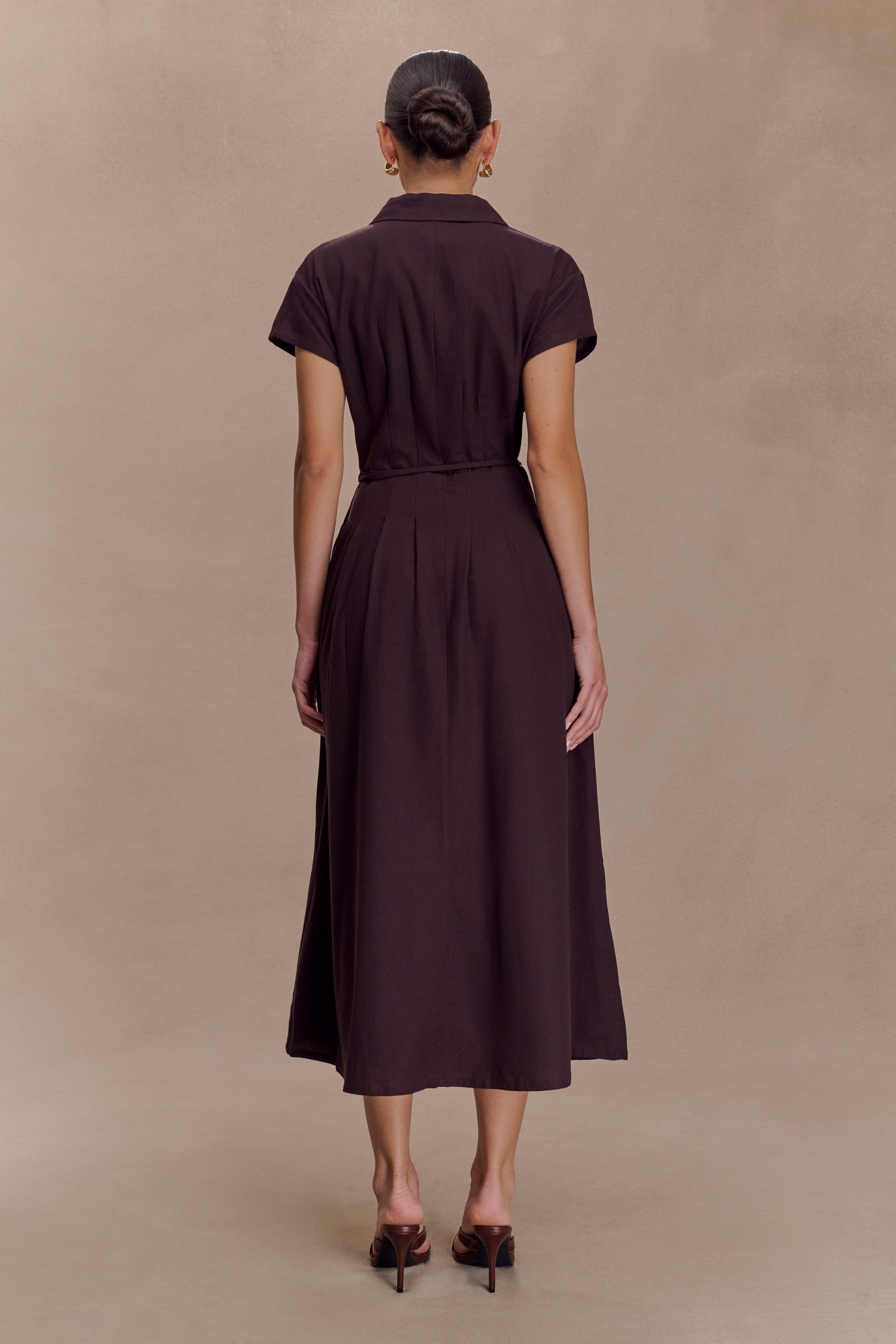 Aysha Buttoned Linen Midi Dress - Chocolate