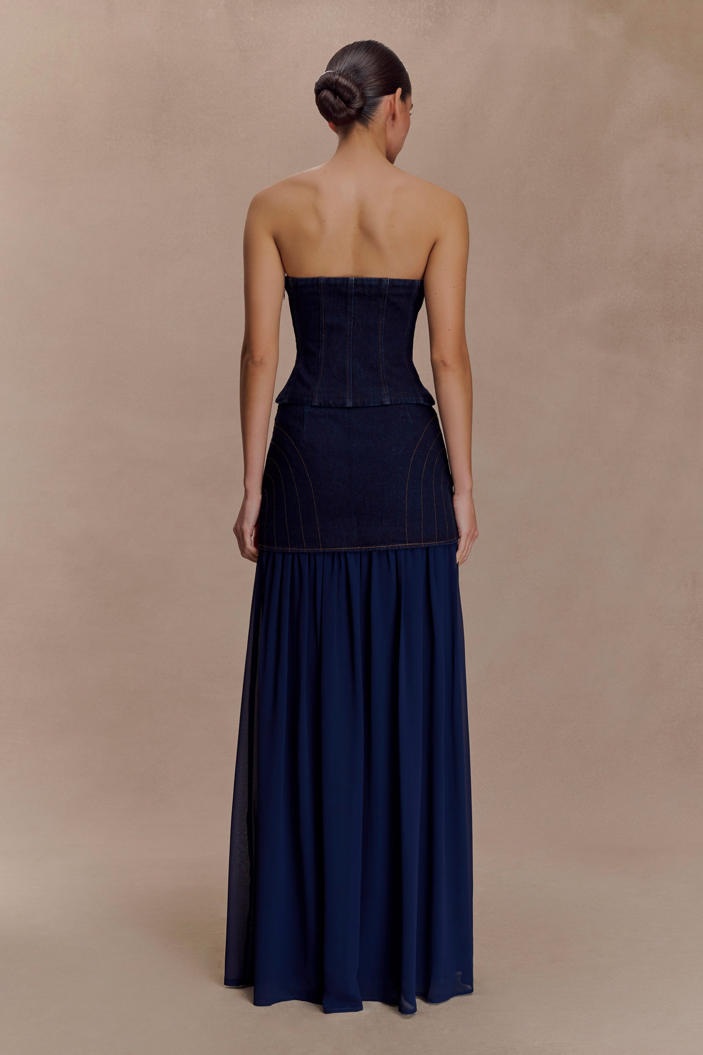 Tully Strapless Topstitch Denim Top - Indigo Blue