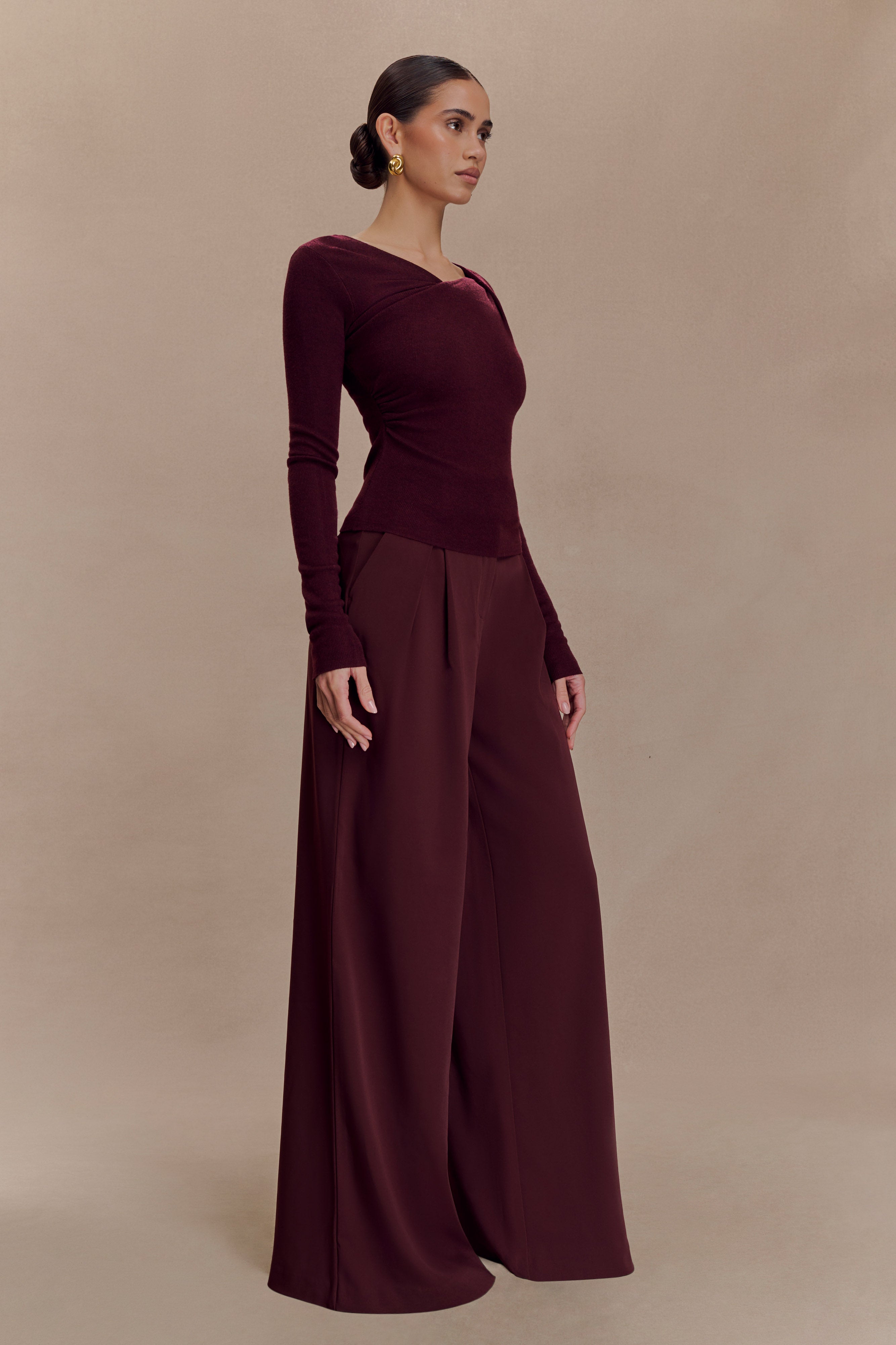 Culver Draped Twist Knit Top - Wine