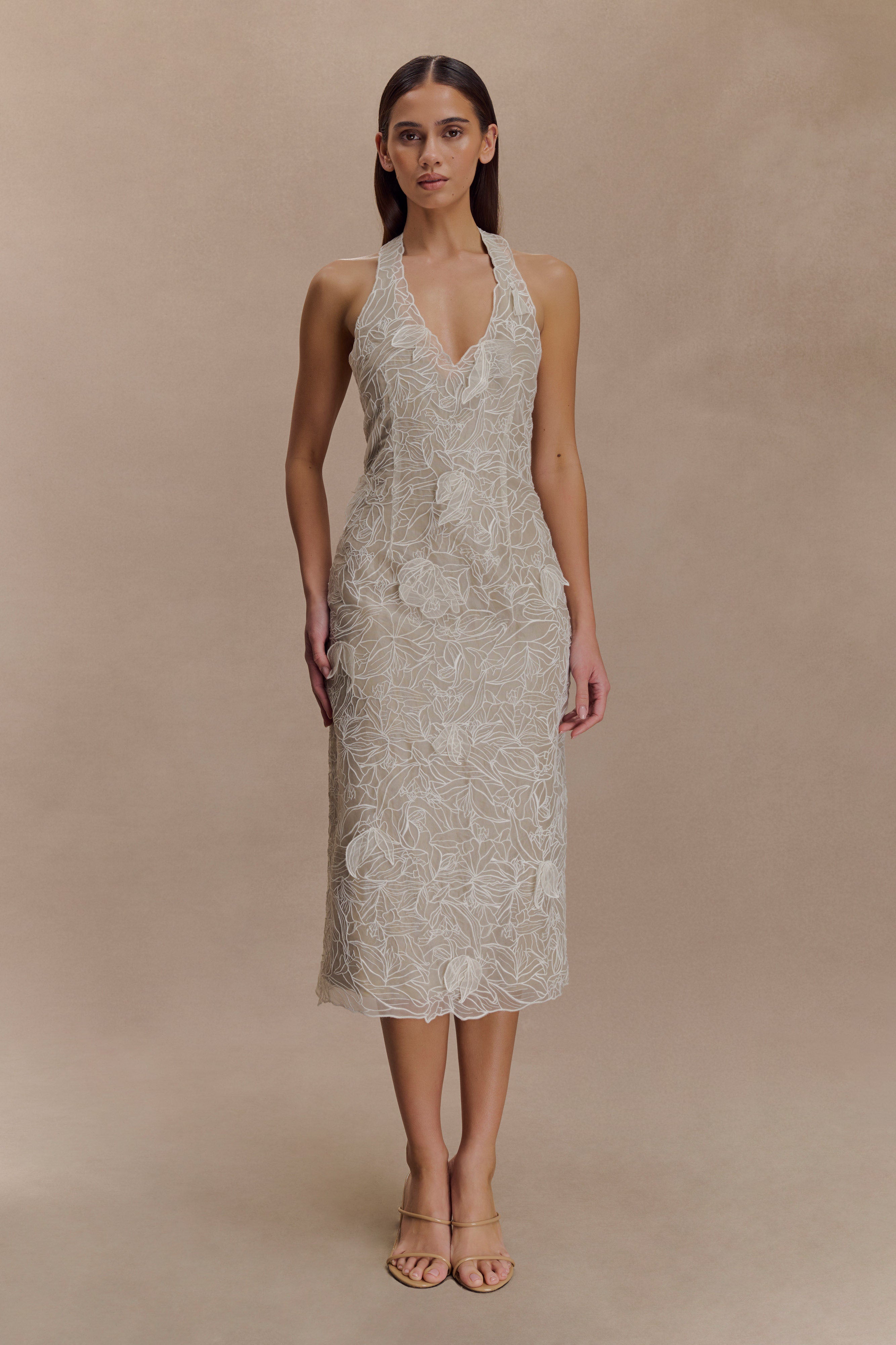 Lenore Silk Lace Halter Midi Dress - Ivory