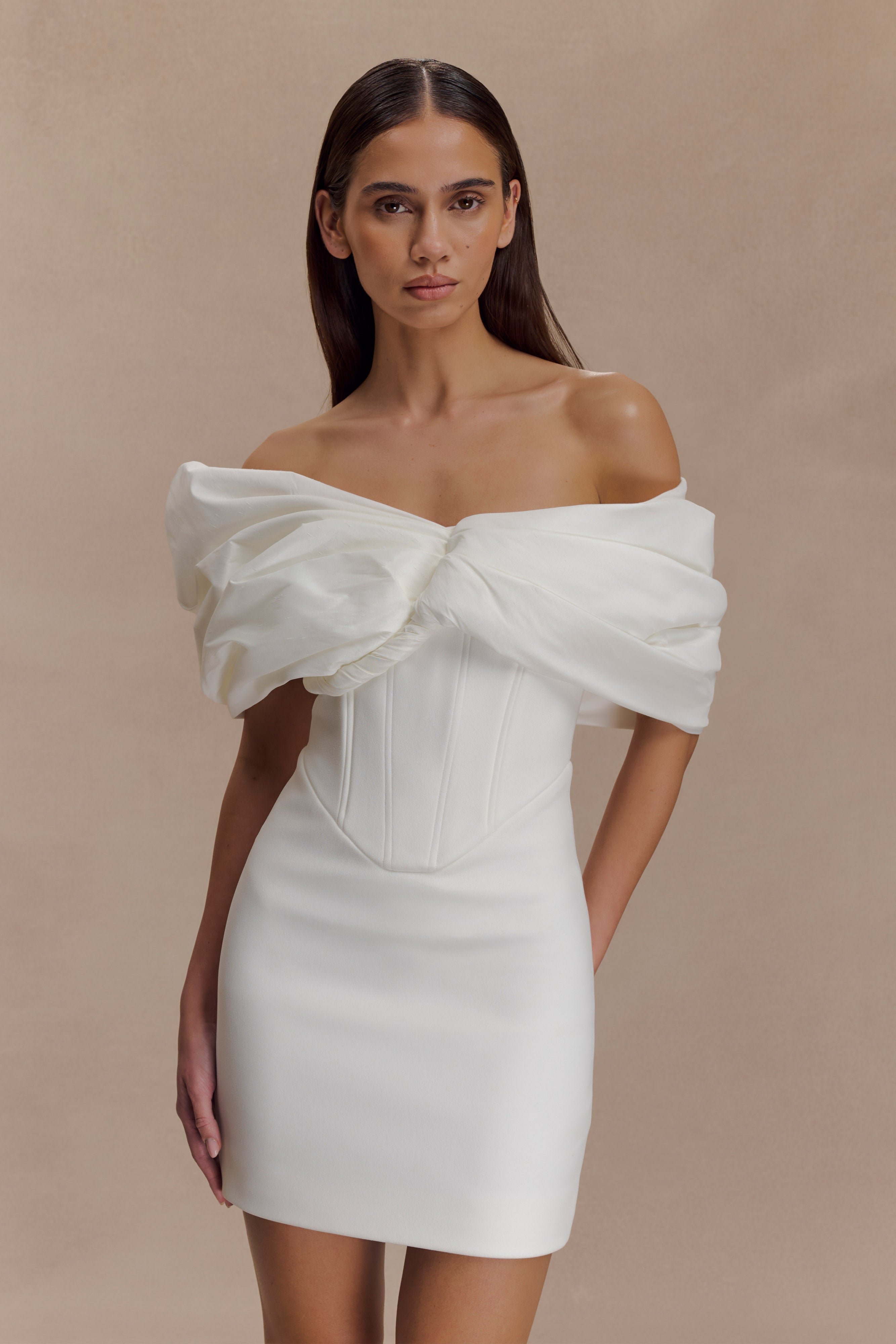 Aphrodite Off Shoulder Crepe Mini Dress - Ivory