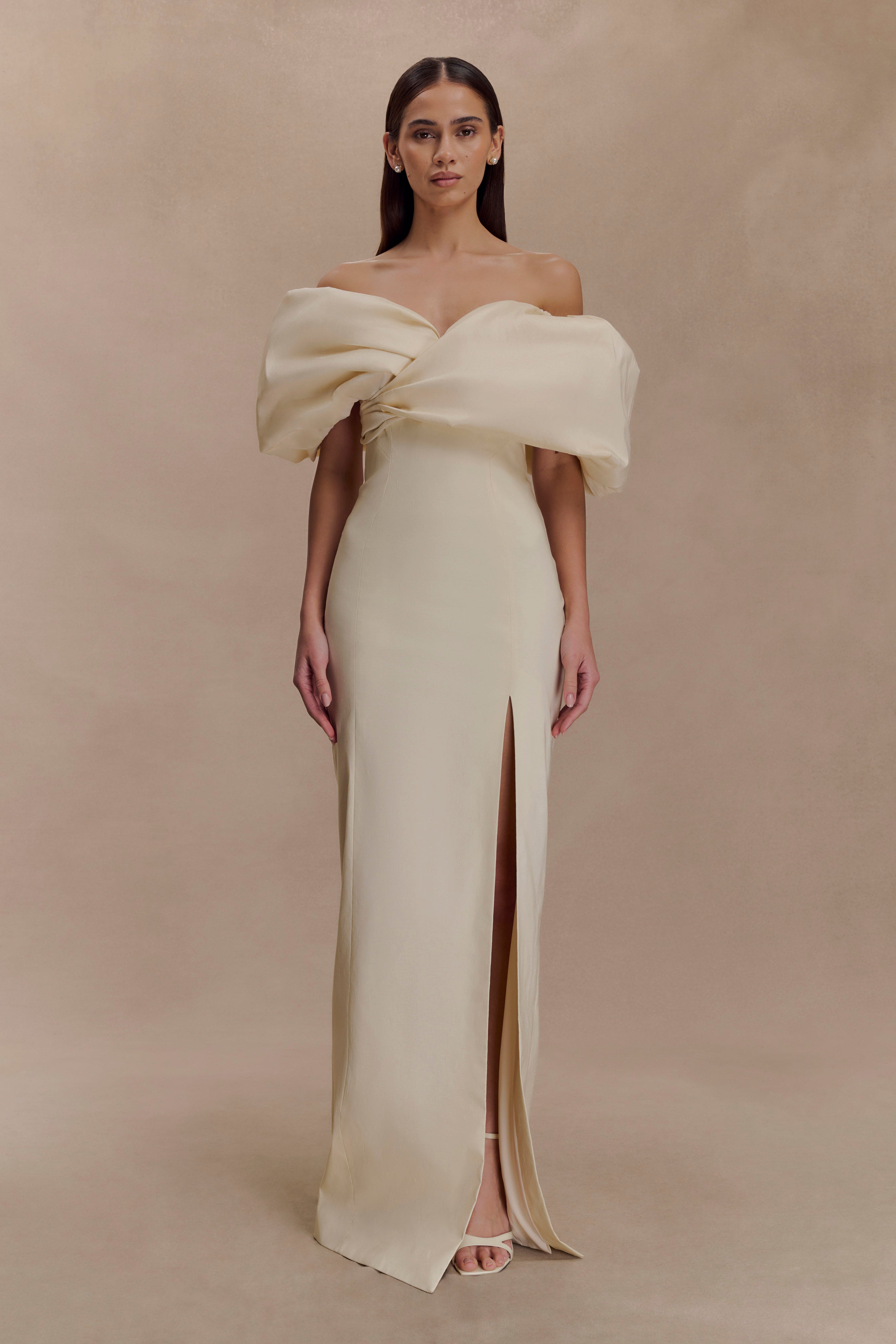 Angelica Taffeta Off Shoulder Bridal Gown - Soft Beige