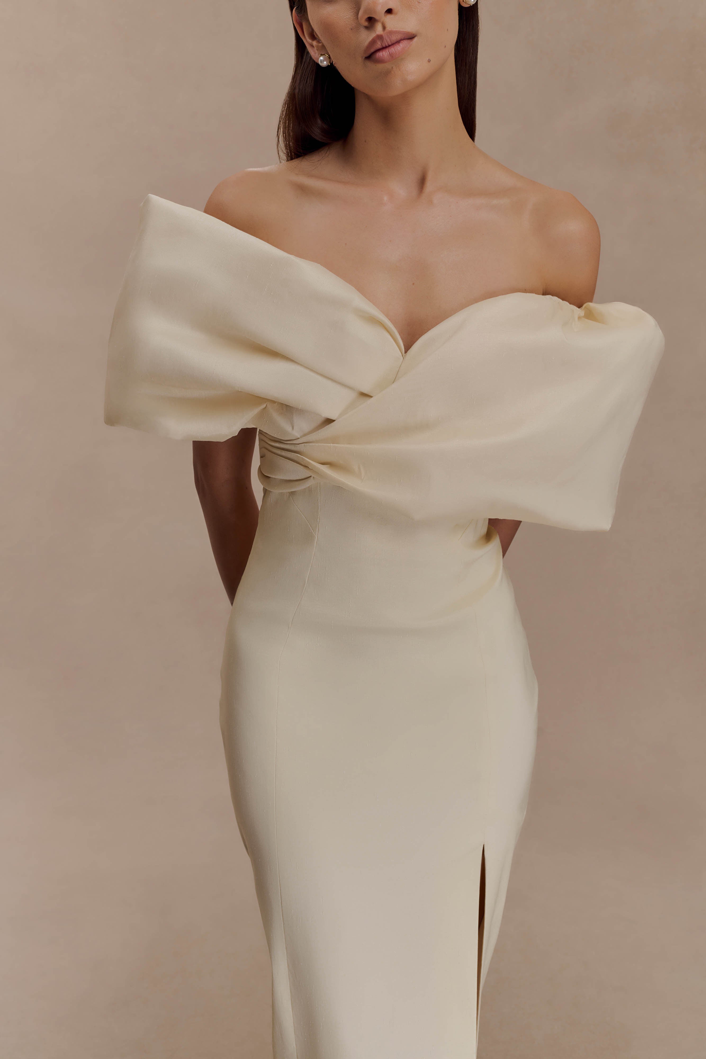 Angelica Taffeta Off Shoulder Bridal Gown - Soft Beige