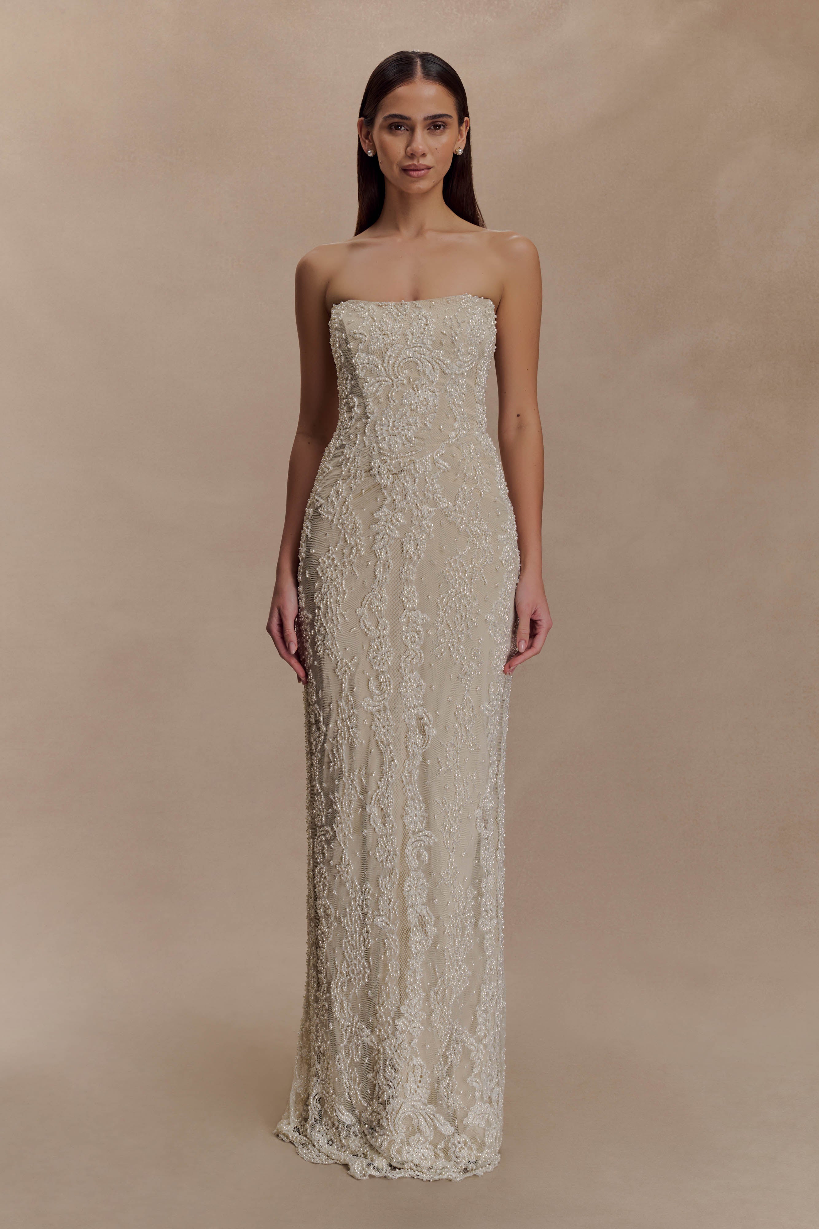 Eva Hand Beaded Pearl & Lace Maxi Dress - White