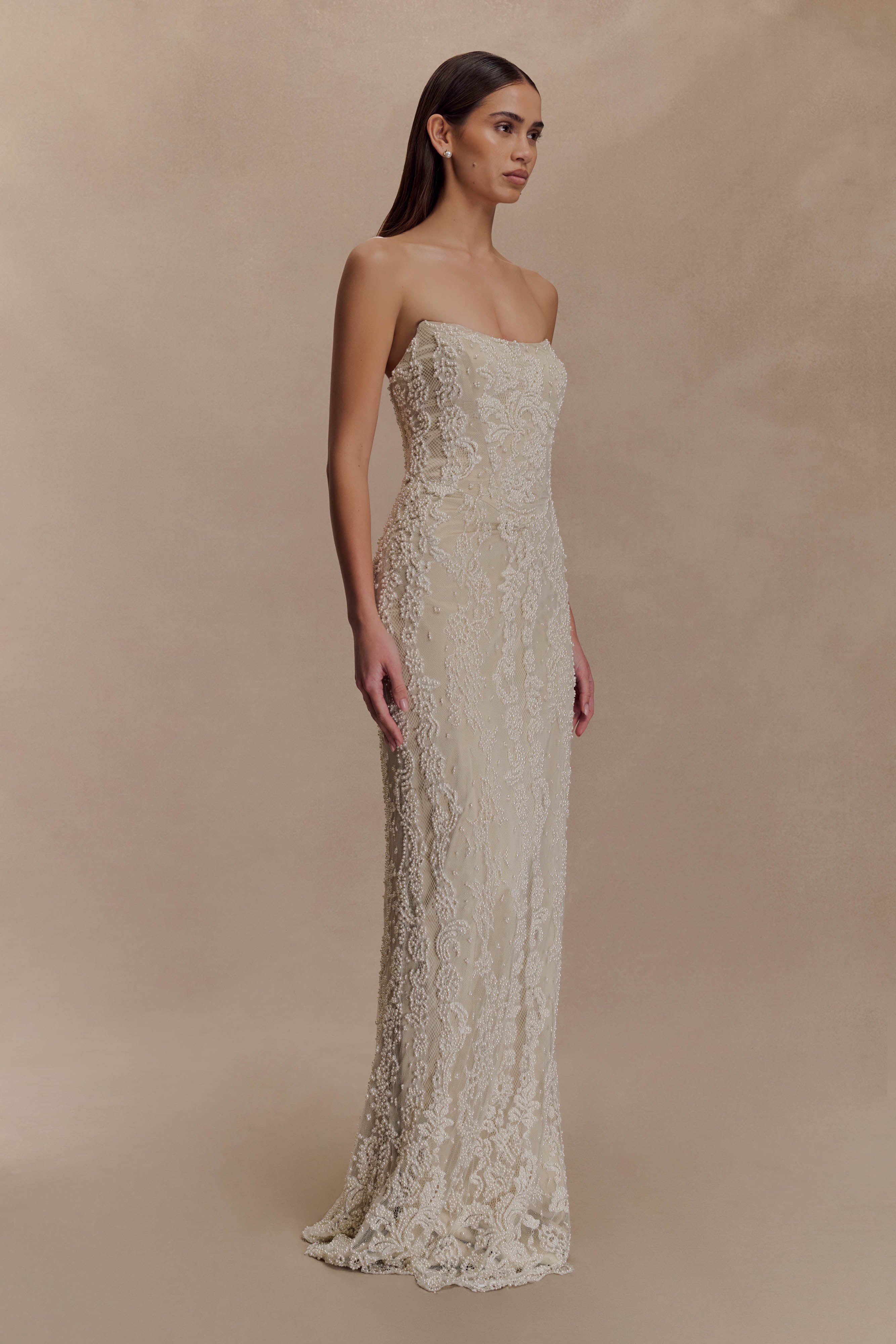 Eva Hand Beaded Pearl & Lace Maxi Dress - White