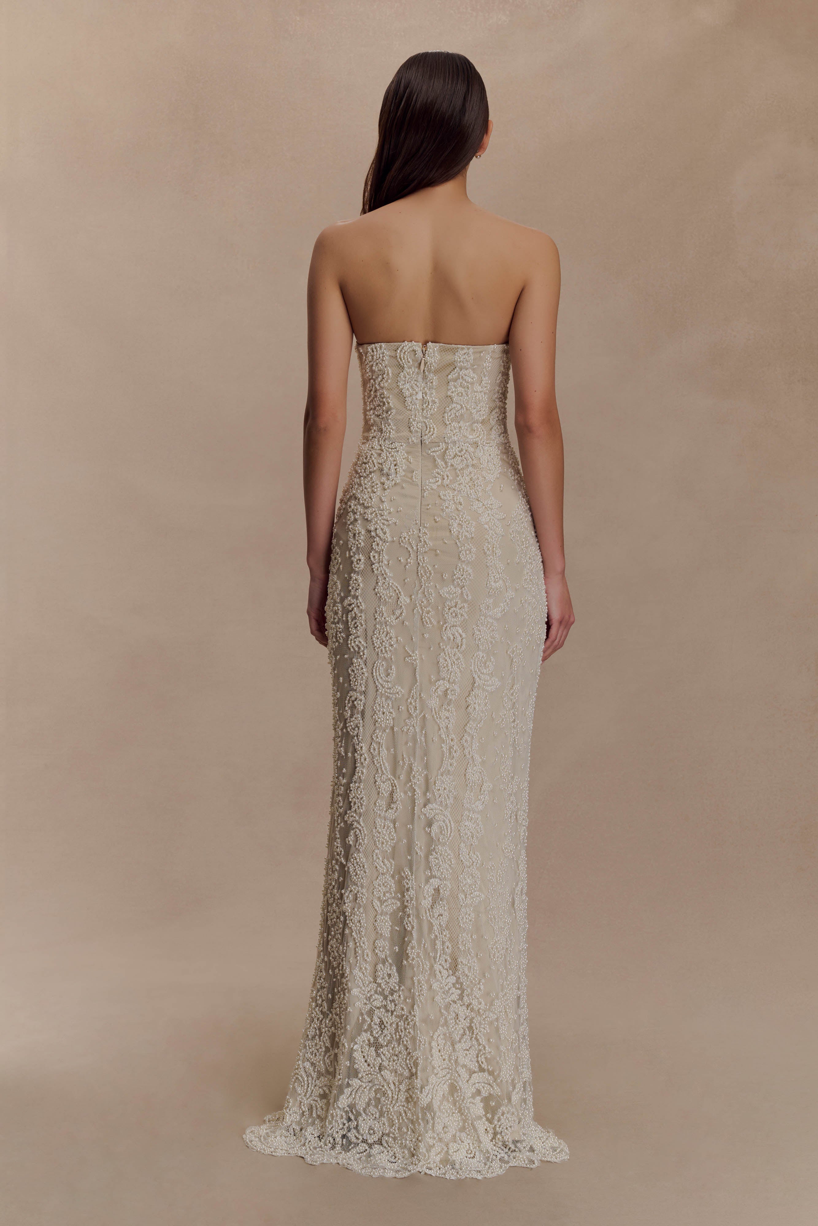 Eva Hand Beaded Pearl & Lace Maxi Dress - White