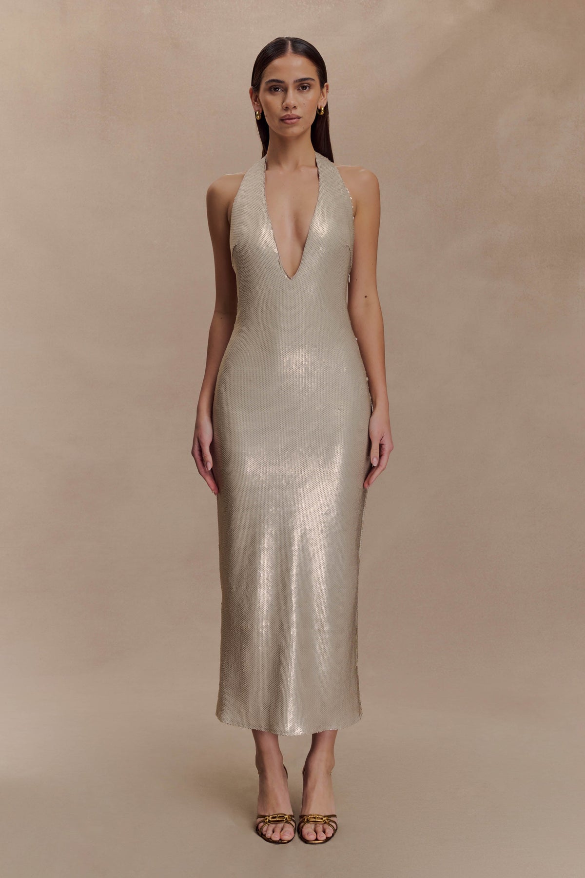 Carnation Sequin Halter Midi Dress - Gold