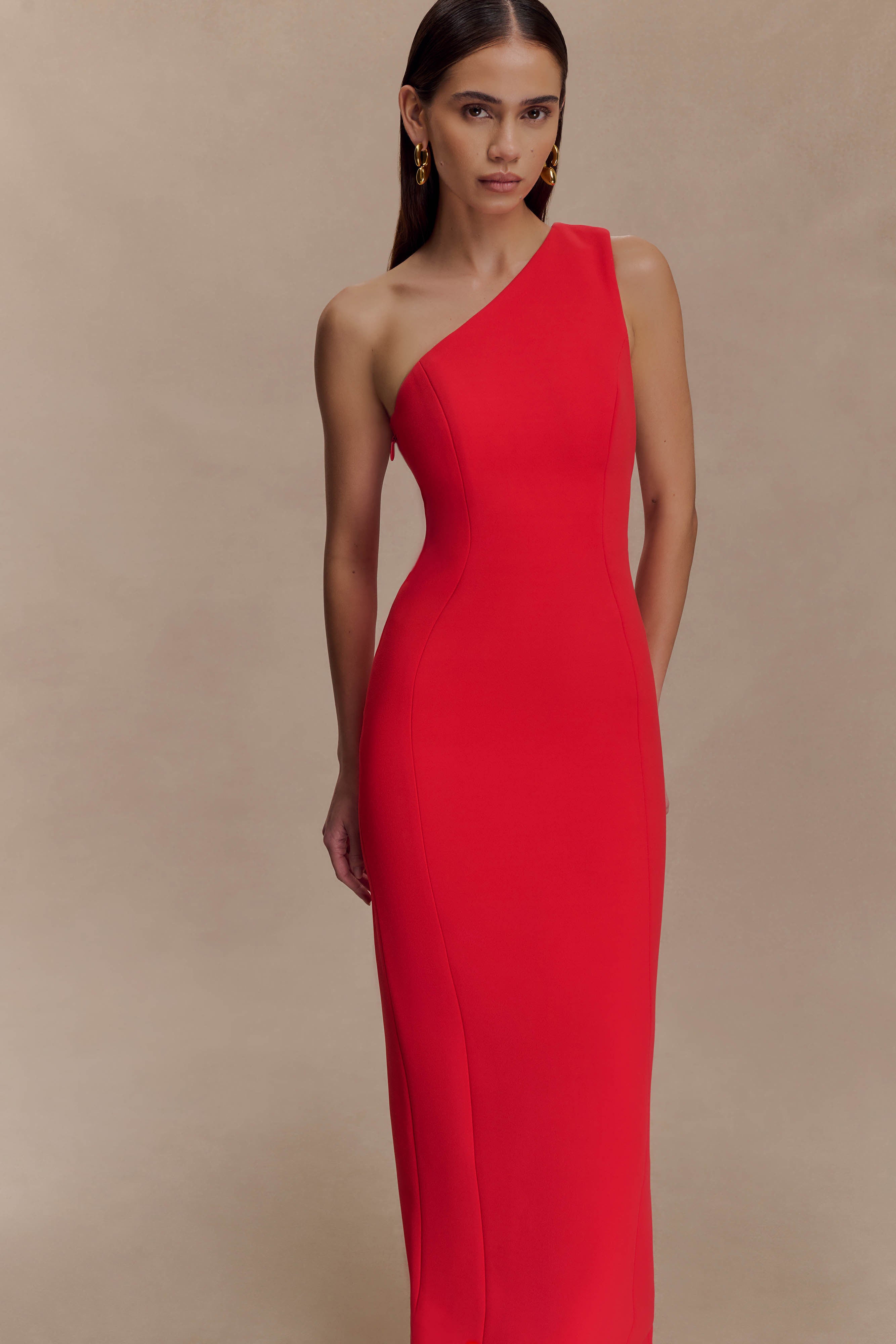 Milena One Shoulder Crepe Maxi Dress - Red