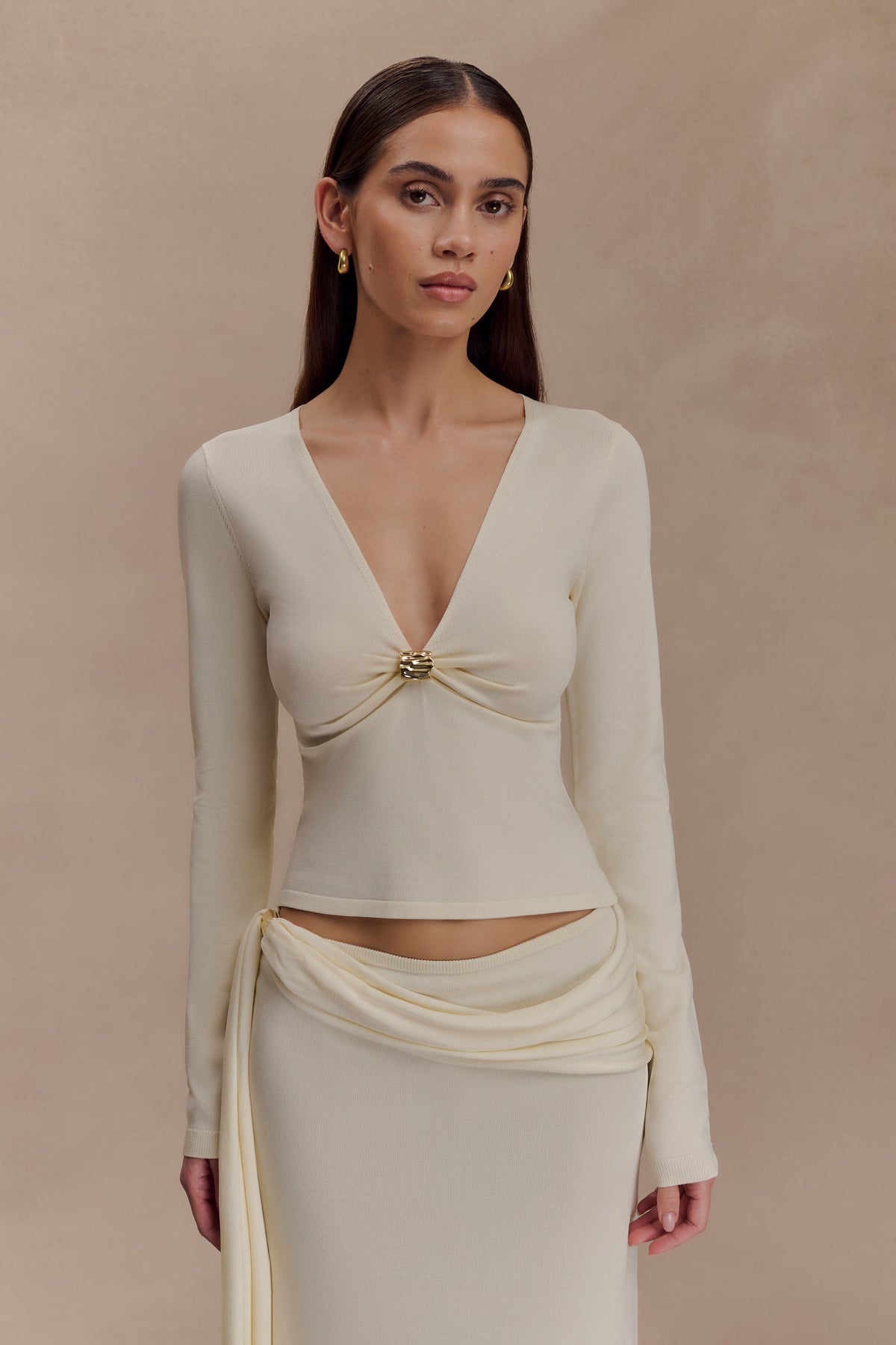 Miraby Front Ruched Knit Long Sleeve Top - Ivory