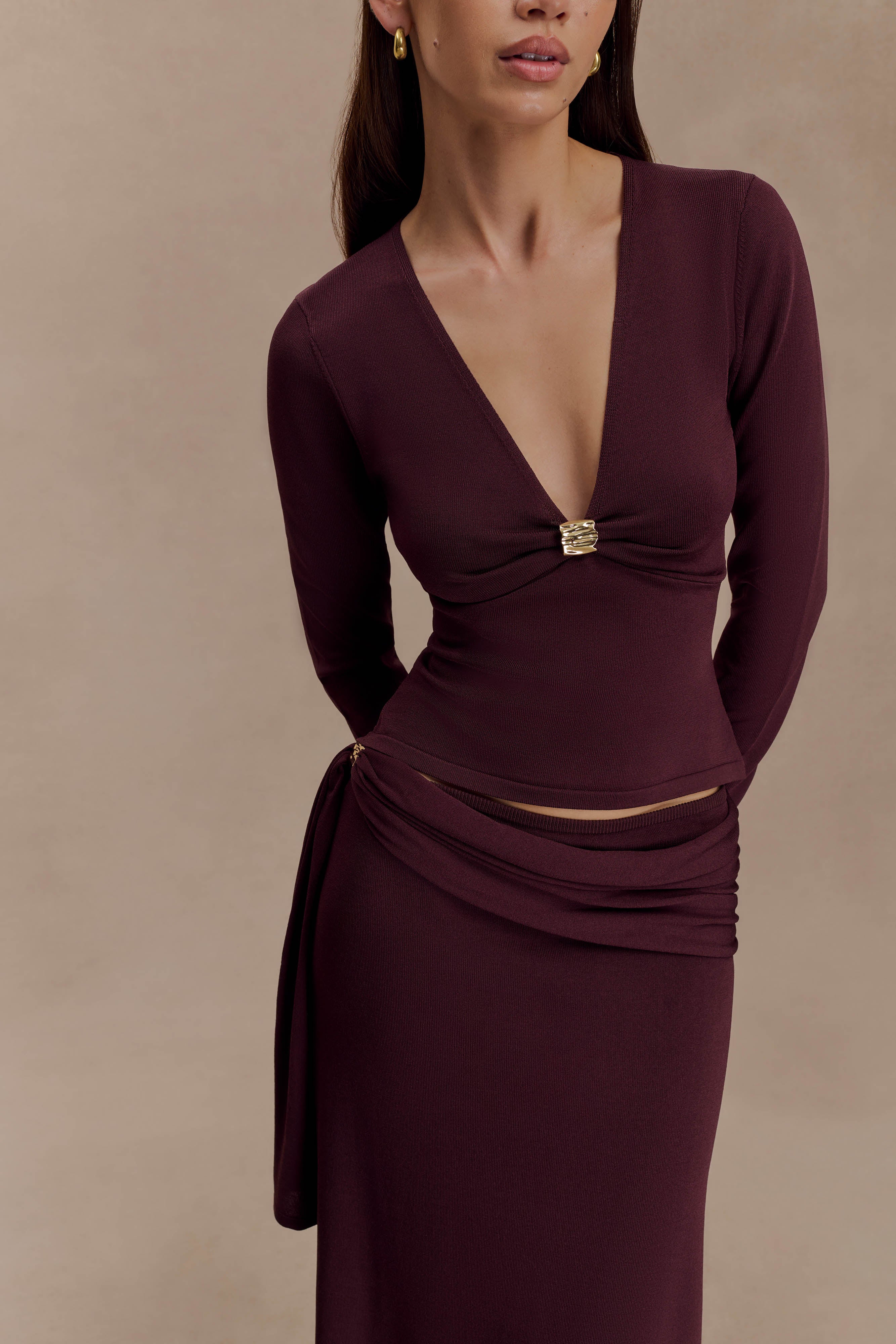 Miraby Front Ruched Knit Long Sleeve Top - Dark Chocolate