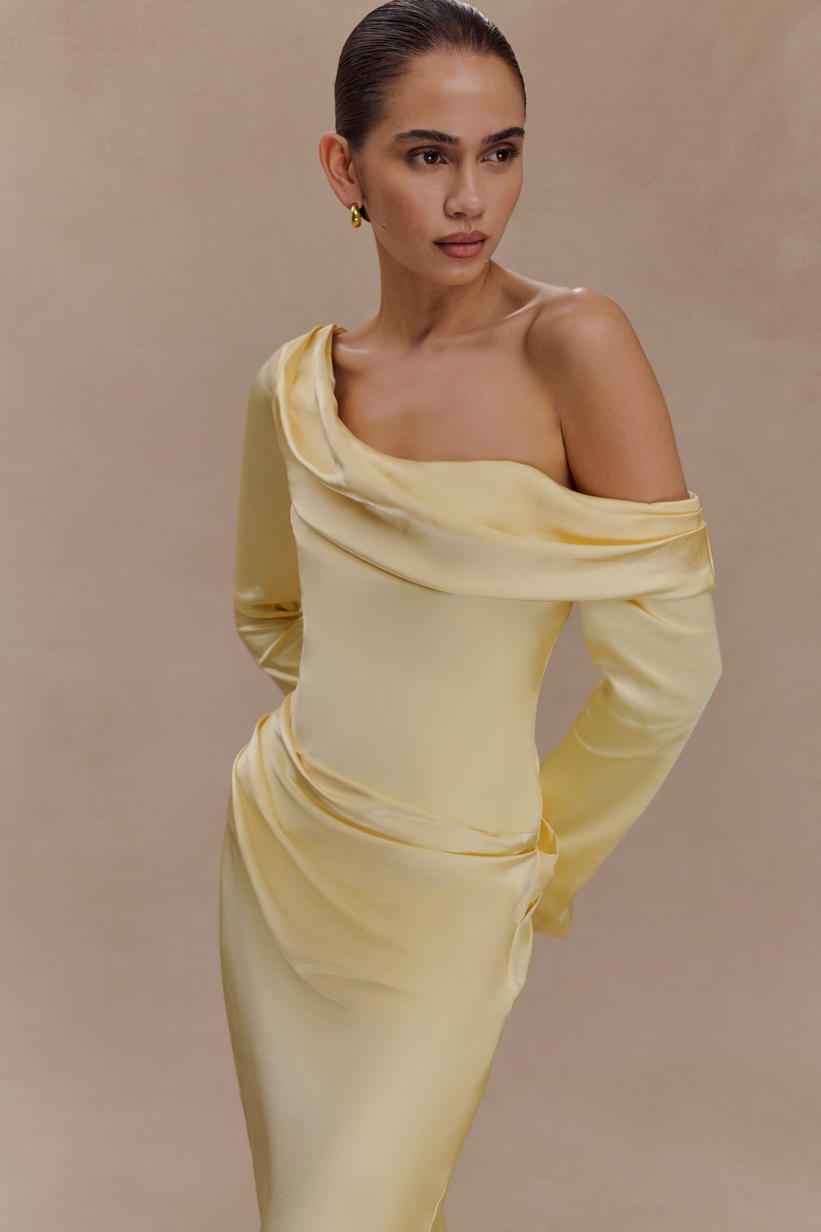 Iris Long Sleeve Satin Maxi Dress - Lemon