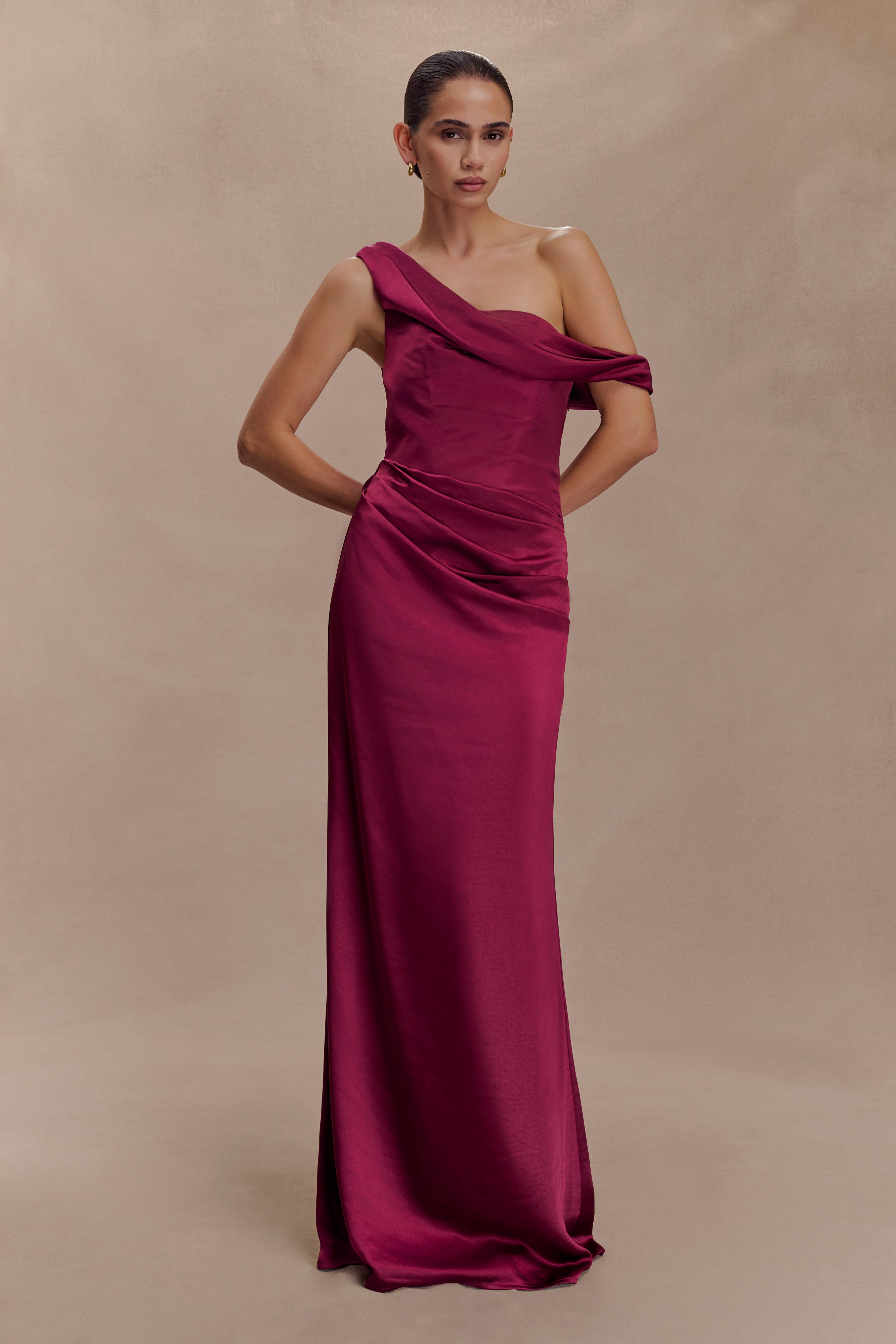 Dalia Off Shoulder Satin Maxi Dress - Mahogany