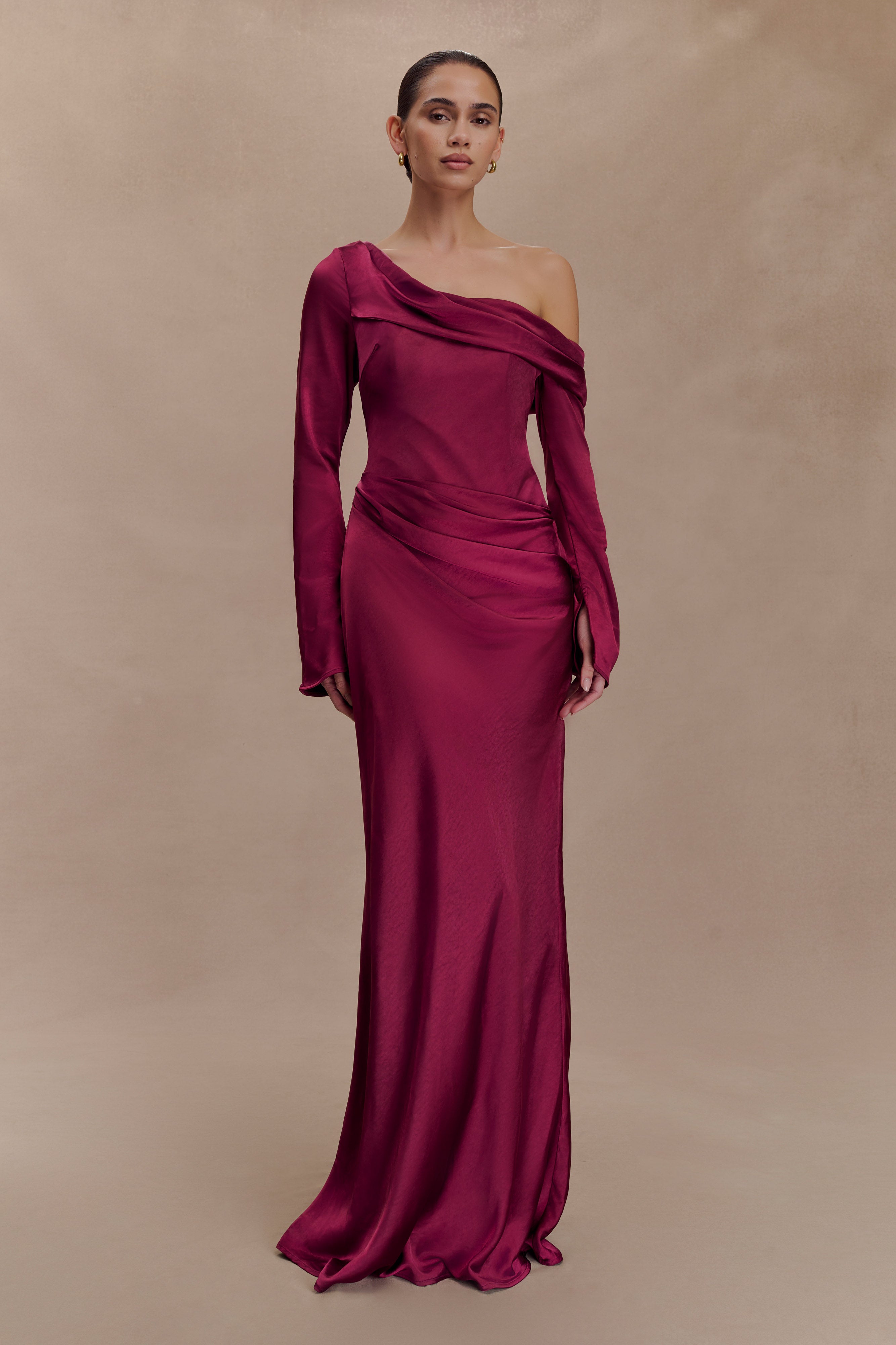 Iris Long Sleeve Satin Maxi Dress - Mahogany