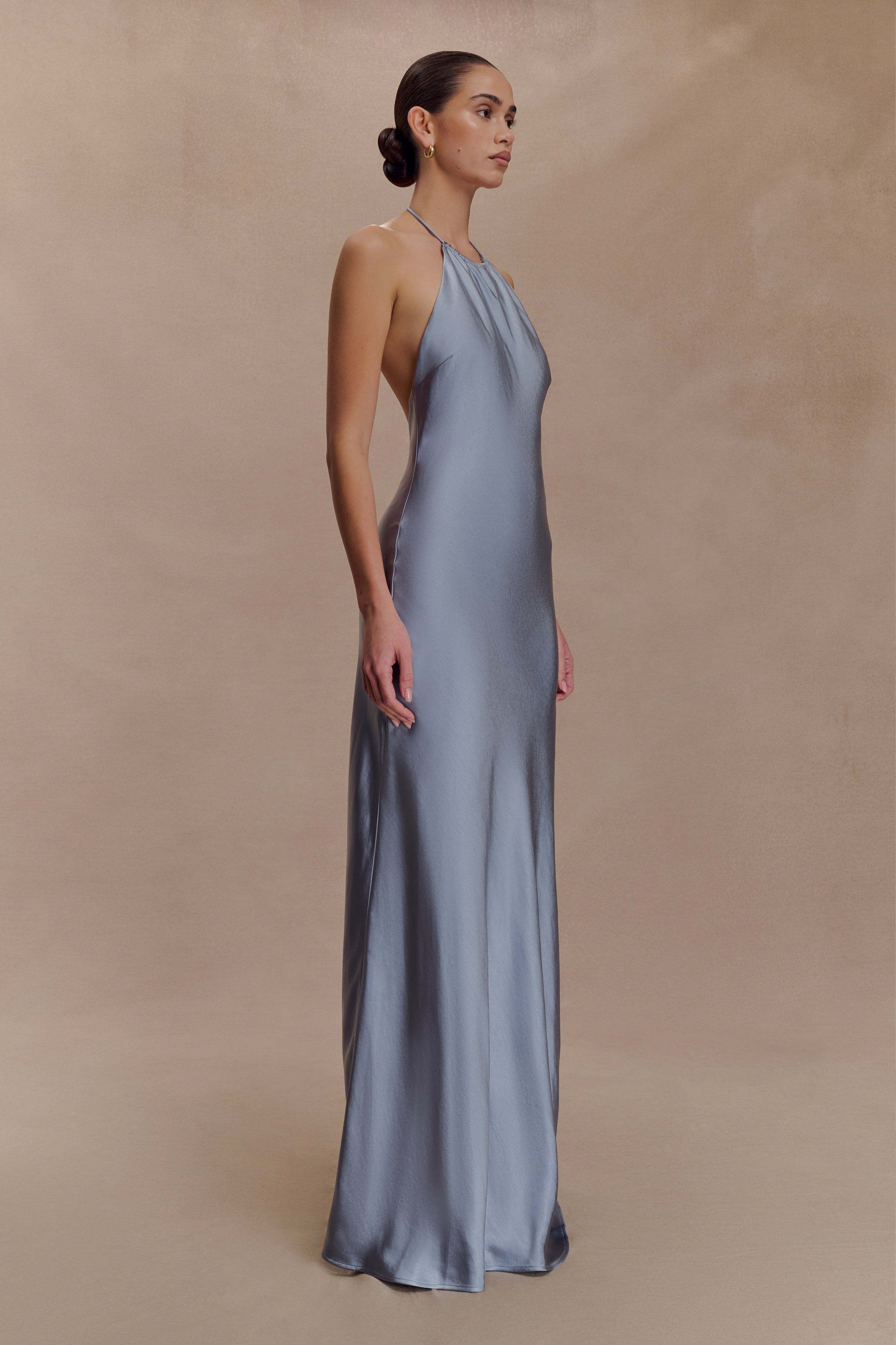 Bella Satin Halter Maxi Dress - Frosted Blue