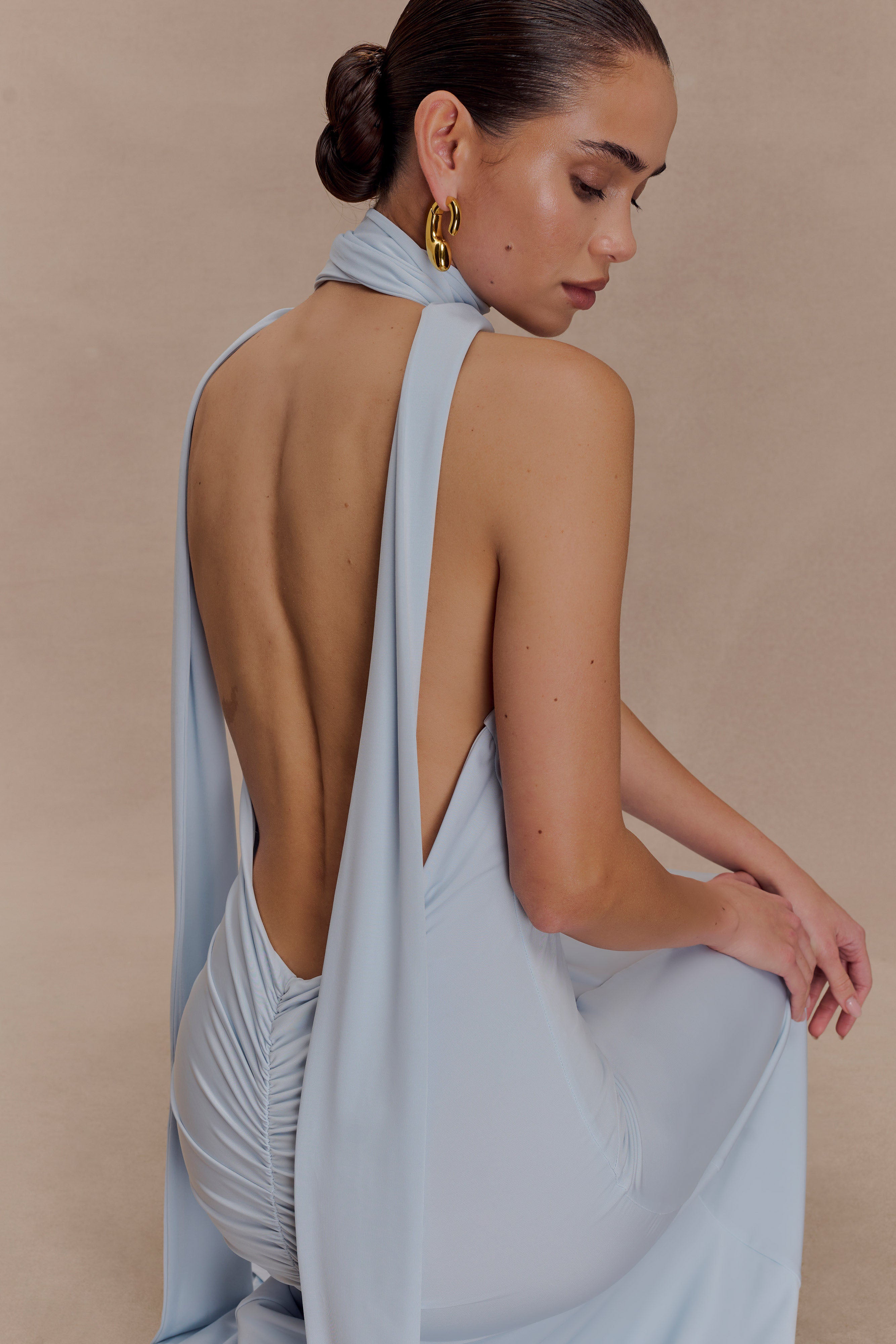 Juliet Slinky Maxi Dress With Scarf - Pale Blue