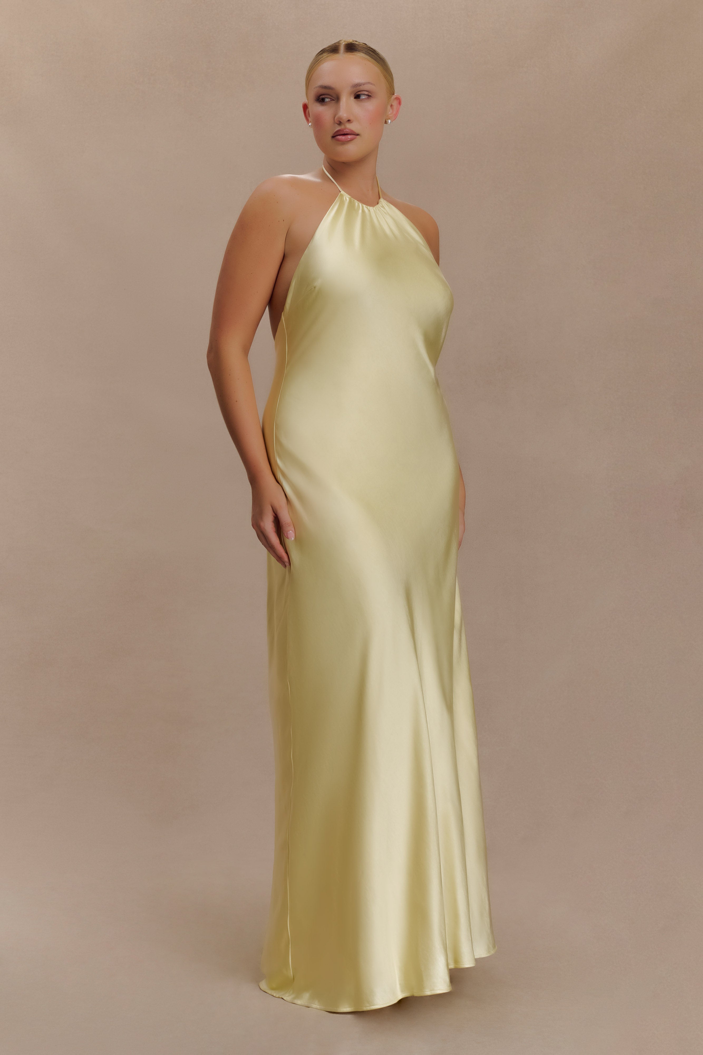 Bella Satin Halter Maxi Dress - Lemon