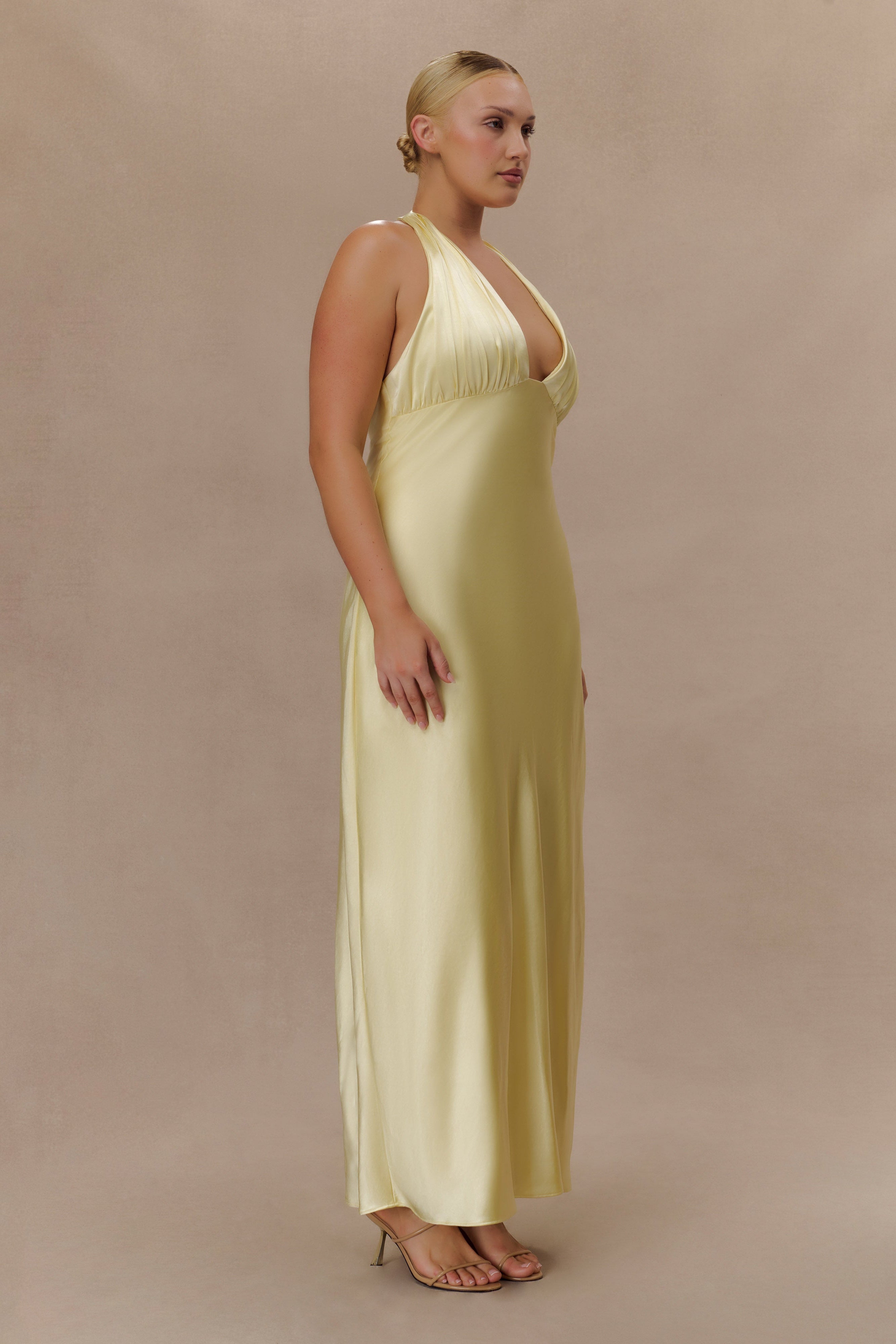 Alice Satin Halter Maxi Dress - Lemon