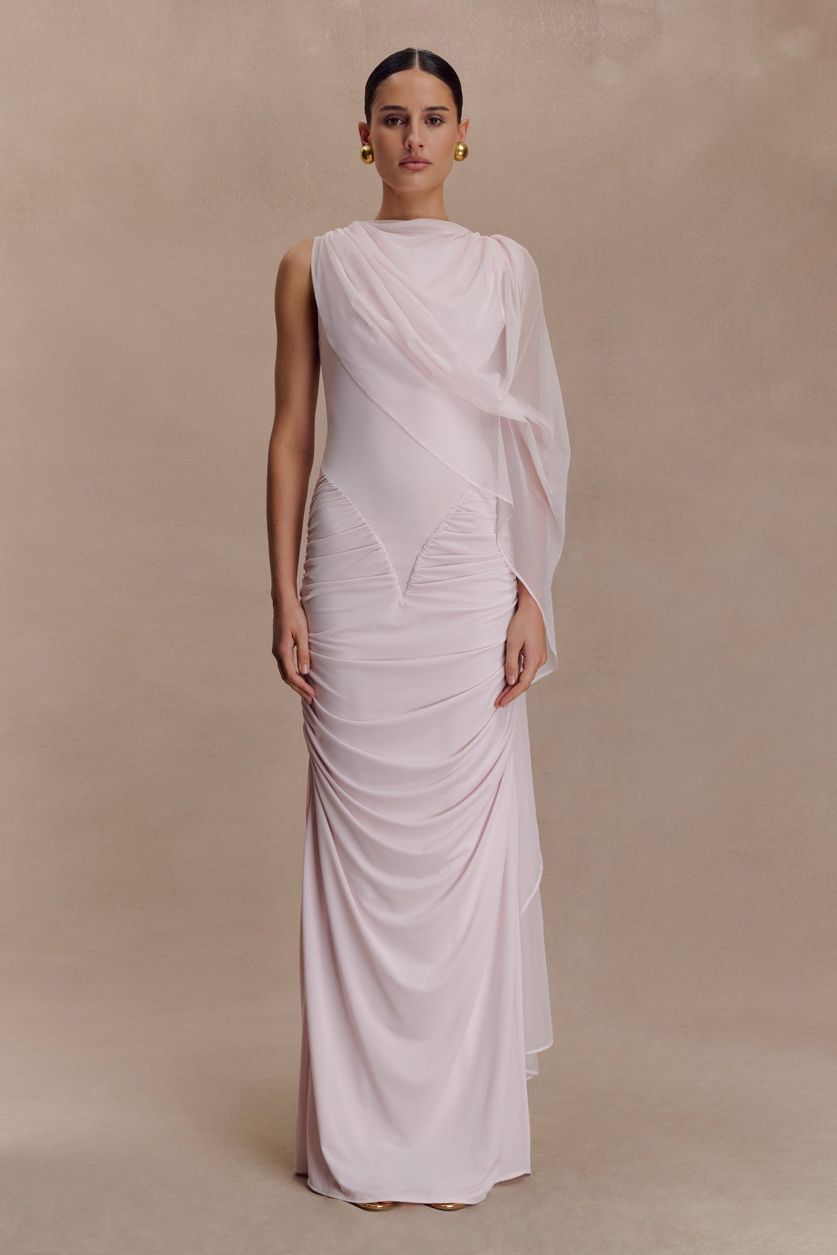 Amandine Ruched Slinky Maxi Dress - Pale Pink