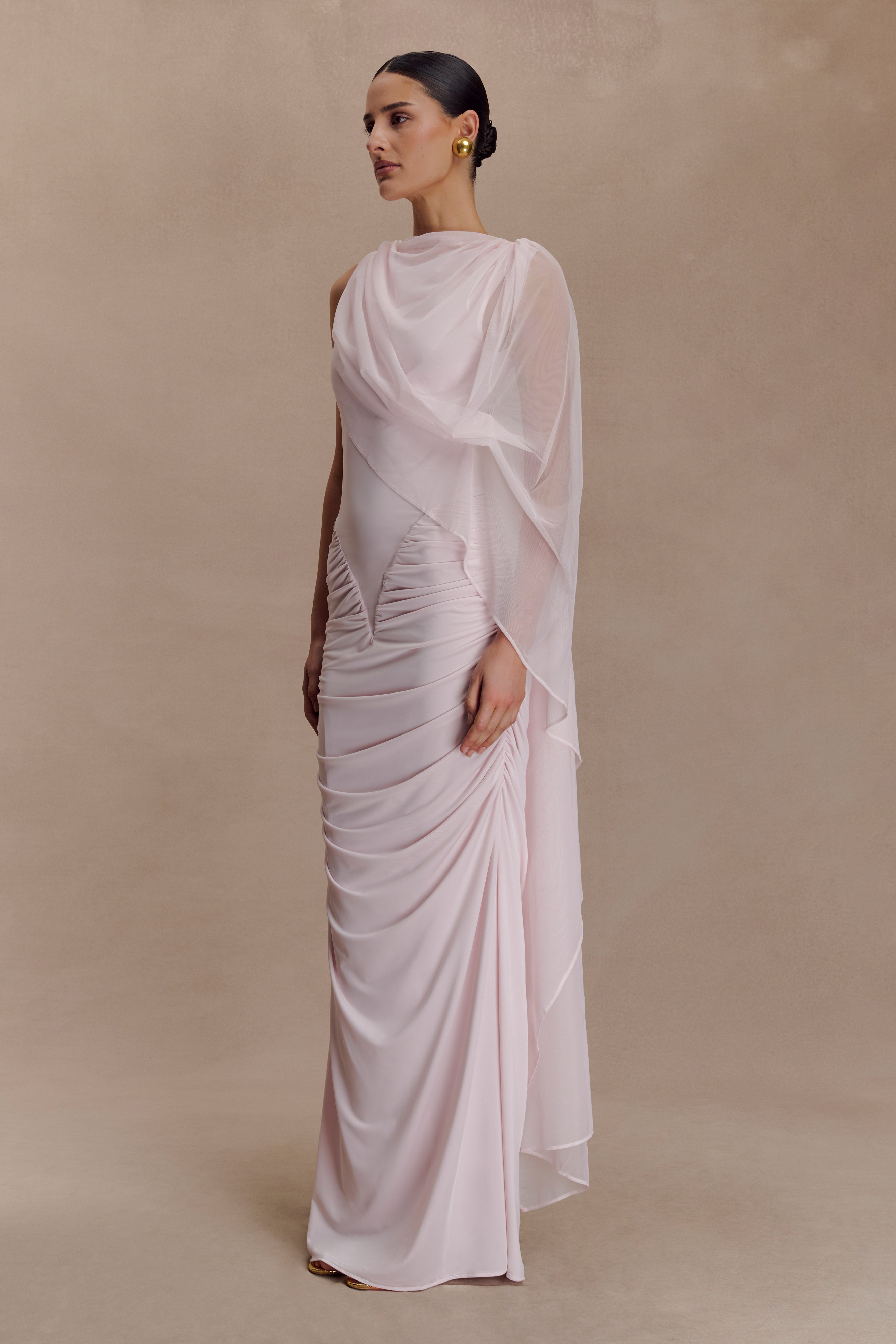 Amandine Ruched Slinky Maxi Dress - Pale Pink