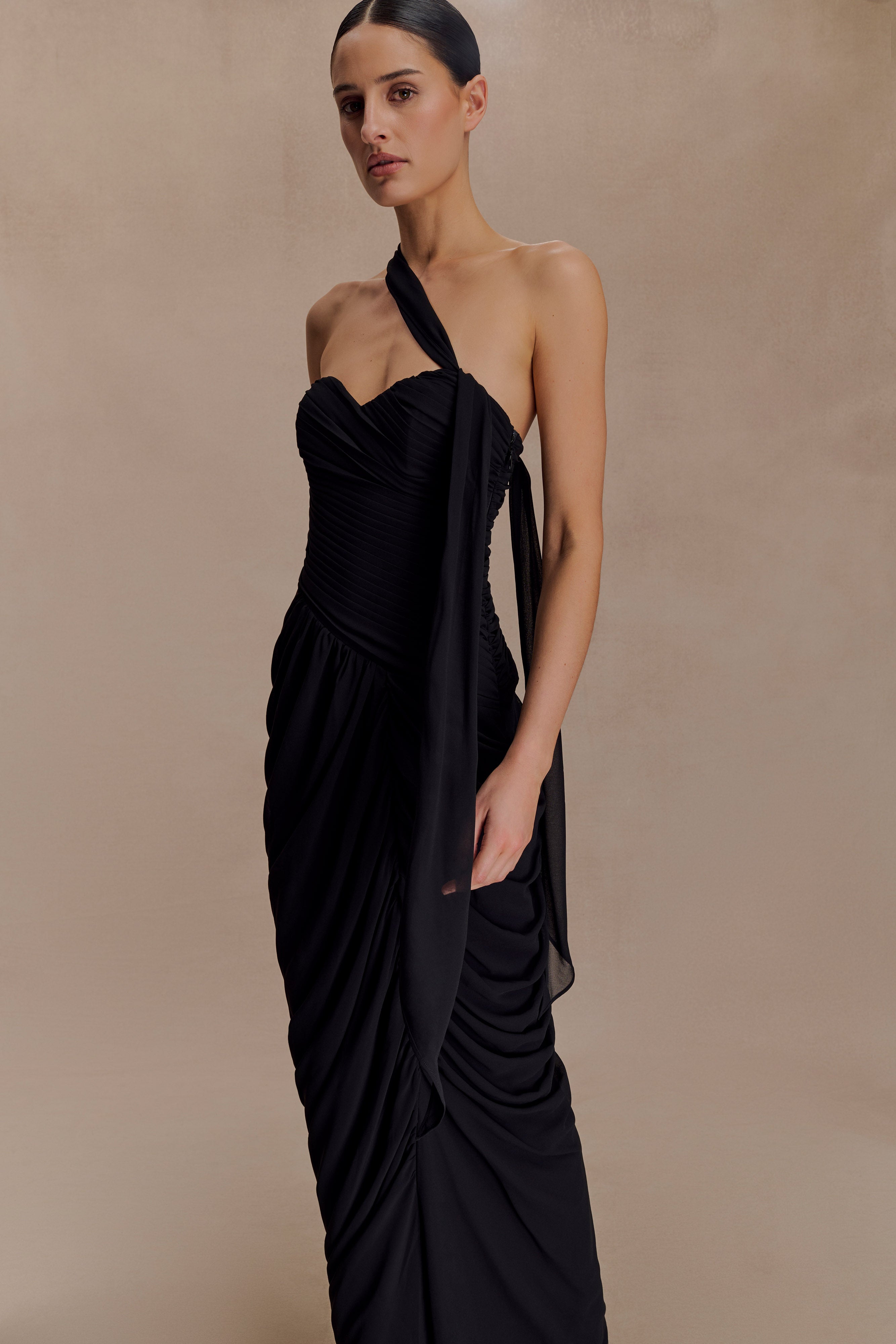 Micaela Chiffon Gathered Maxi Dress - Black