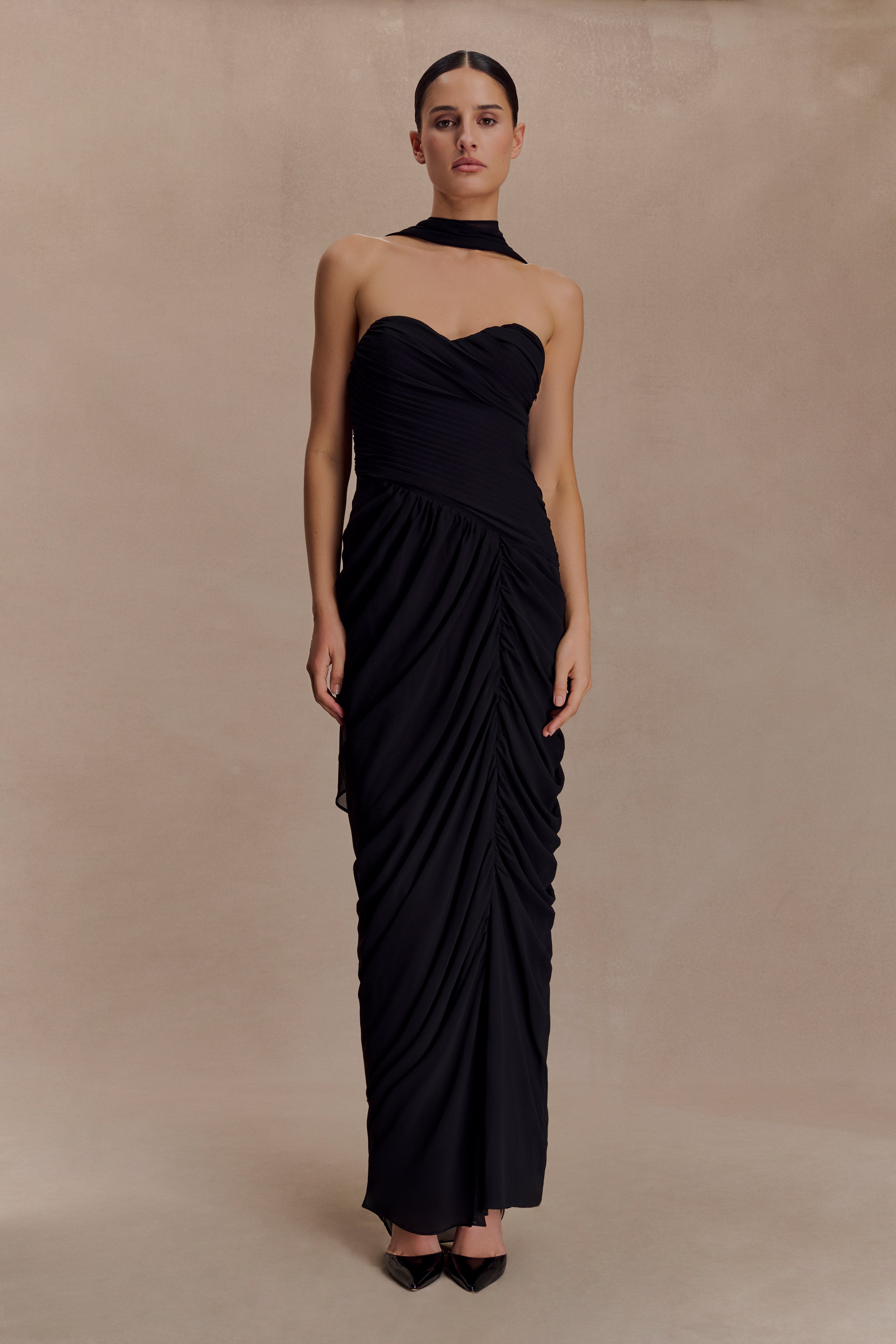 Micaela Chiffon Gathered Maxi Dress - Black