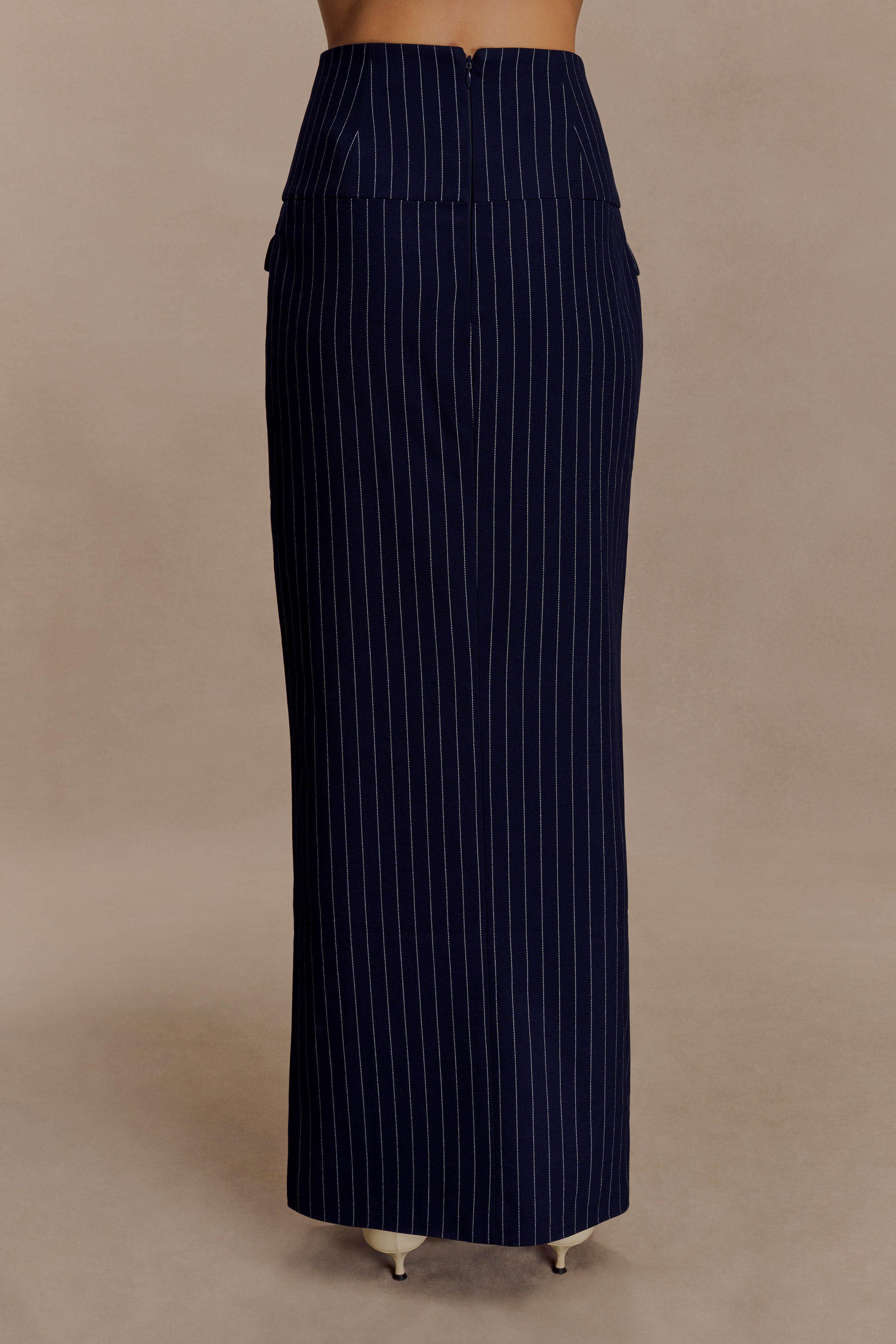 Cassie Column Maxi Skirt - Navy Pinstripe