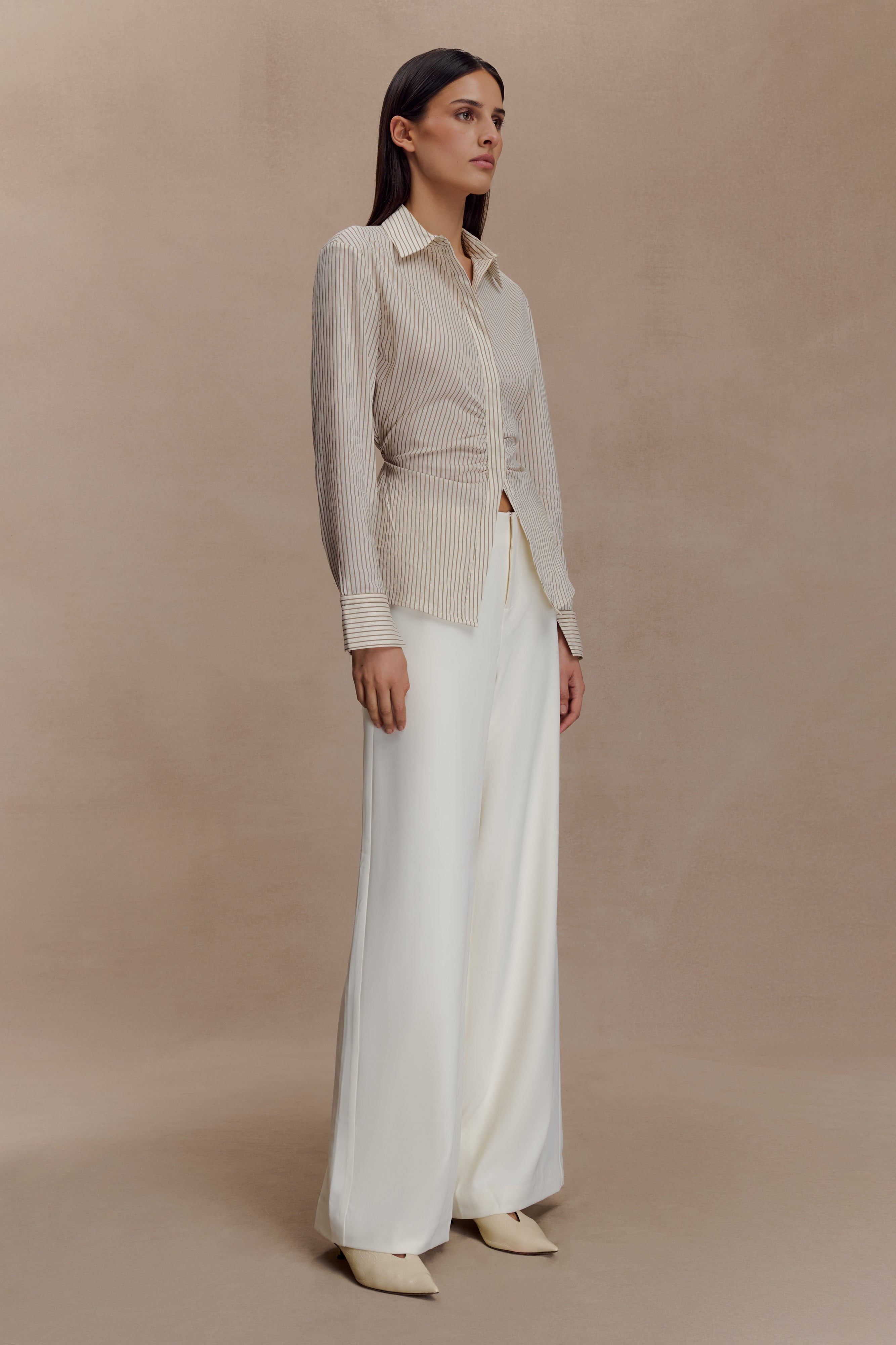 Millie Tie Back Cotton Shirt - Beige Pinstripe