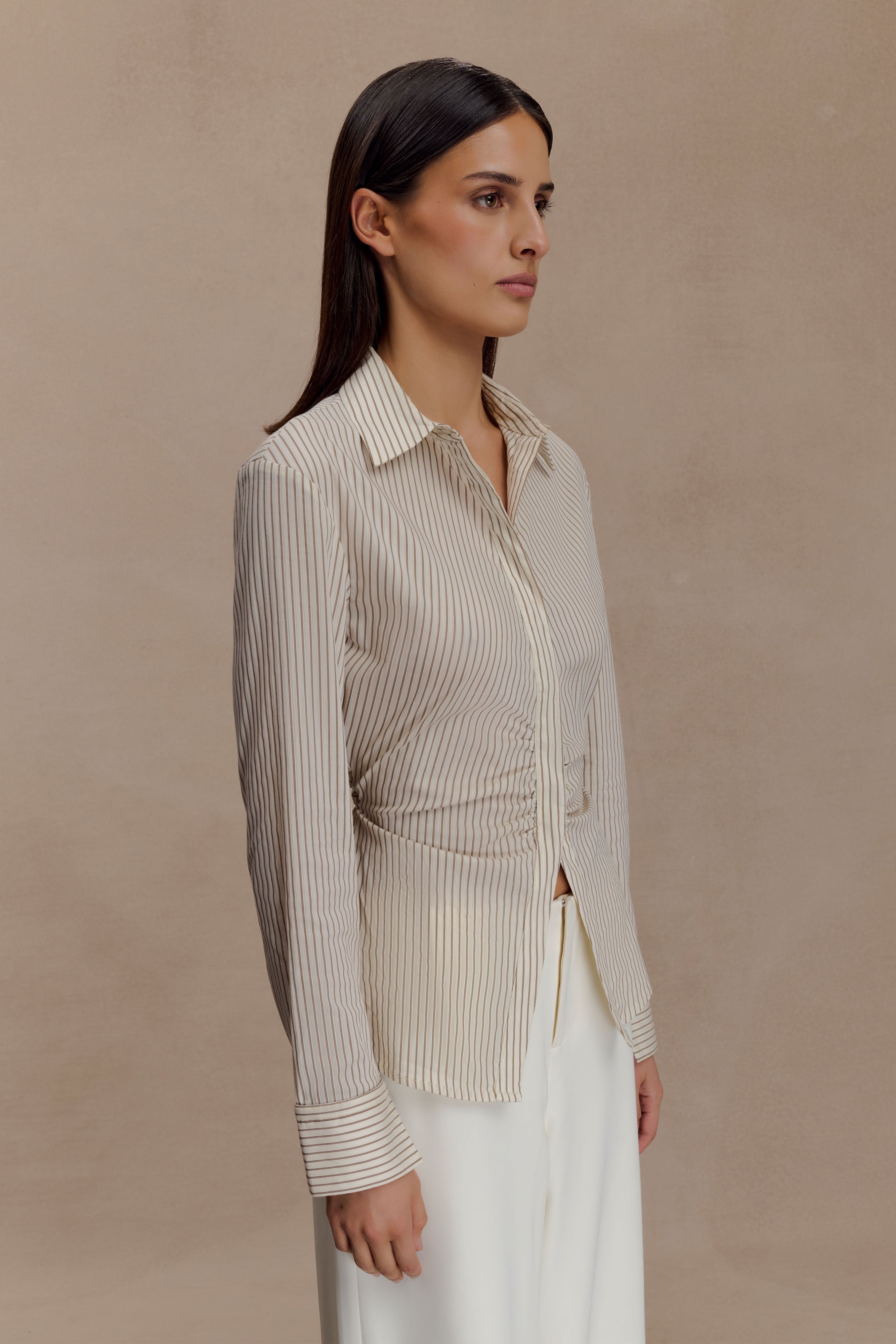 Millie Tie Back Cotton Shirt - Beige Pinstripe