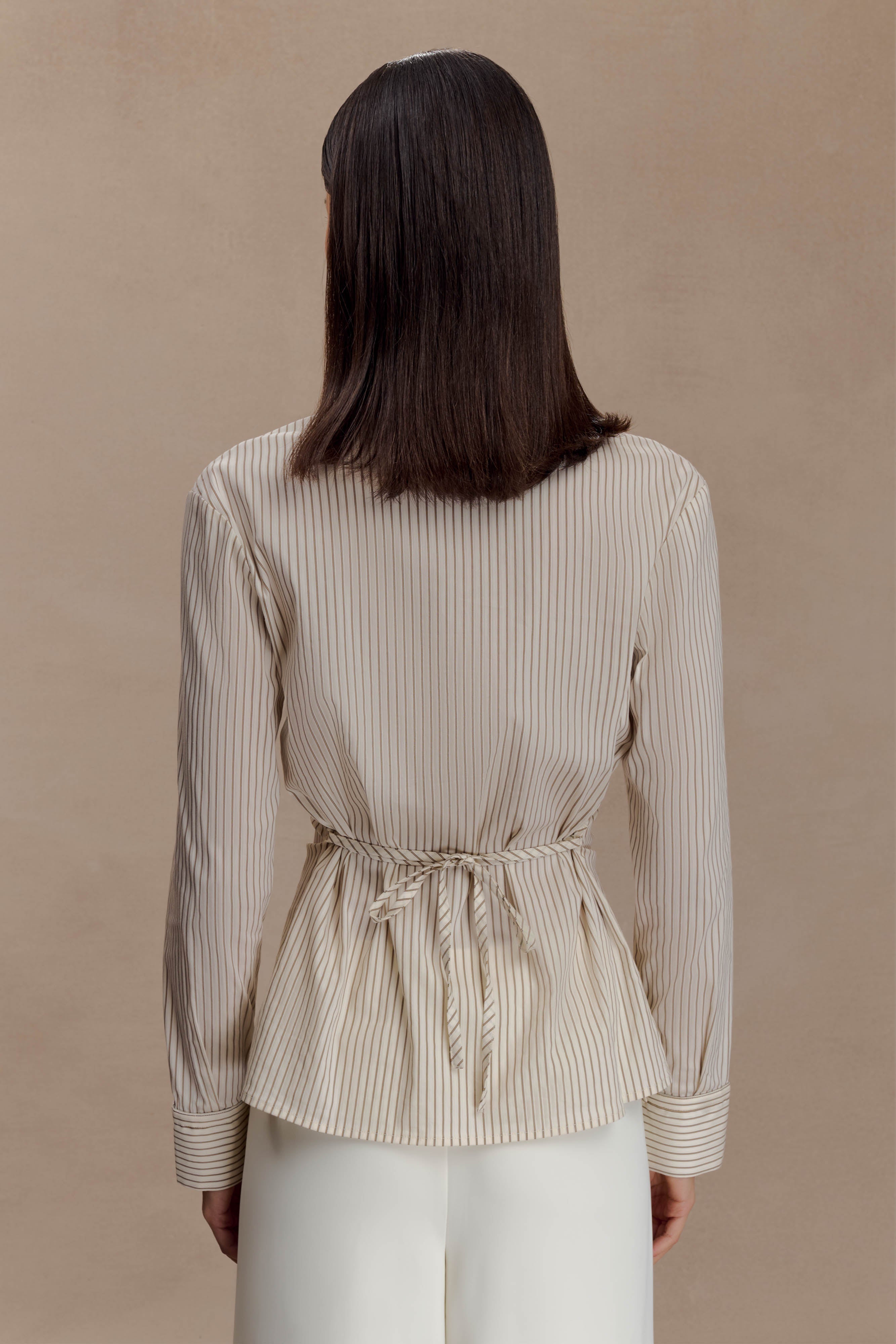 Millie Tie Back Cotton Shirt - Beige Pinstripe