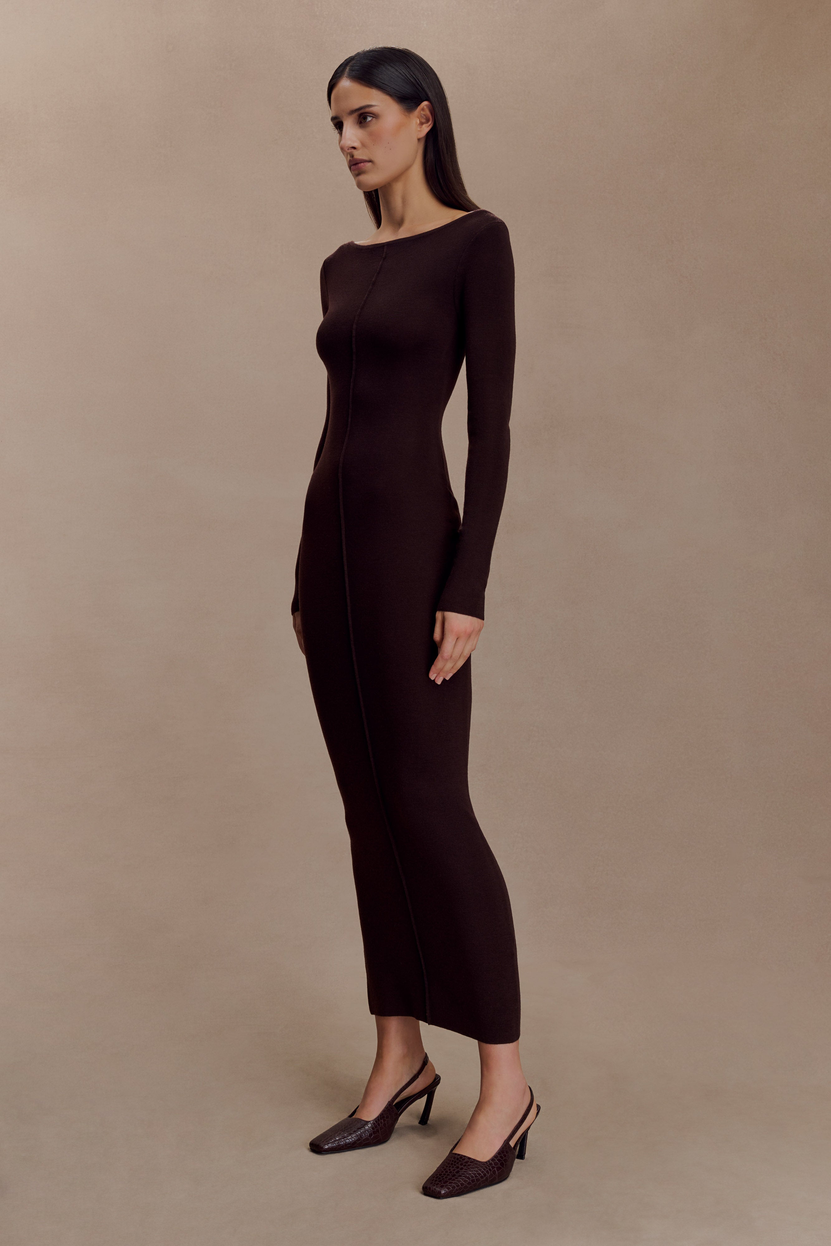 Cleona Merino Wool Ribbed Long Sleeve Maxi Dress - Deep Chocolate