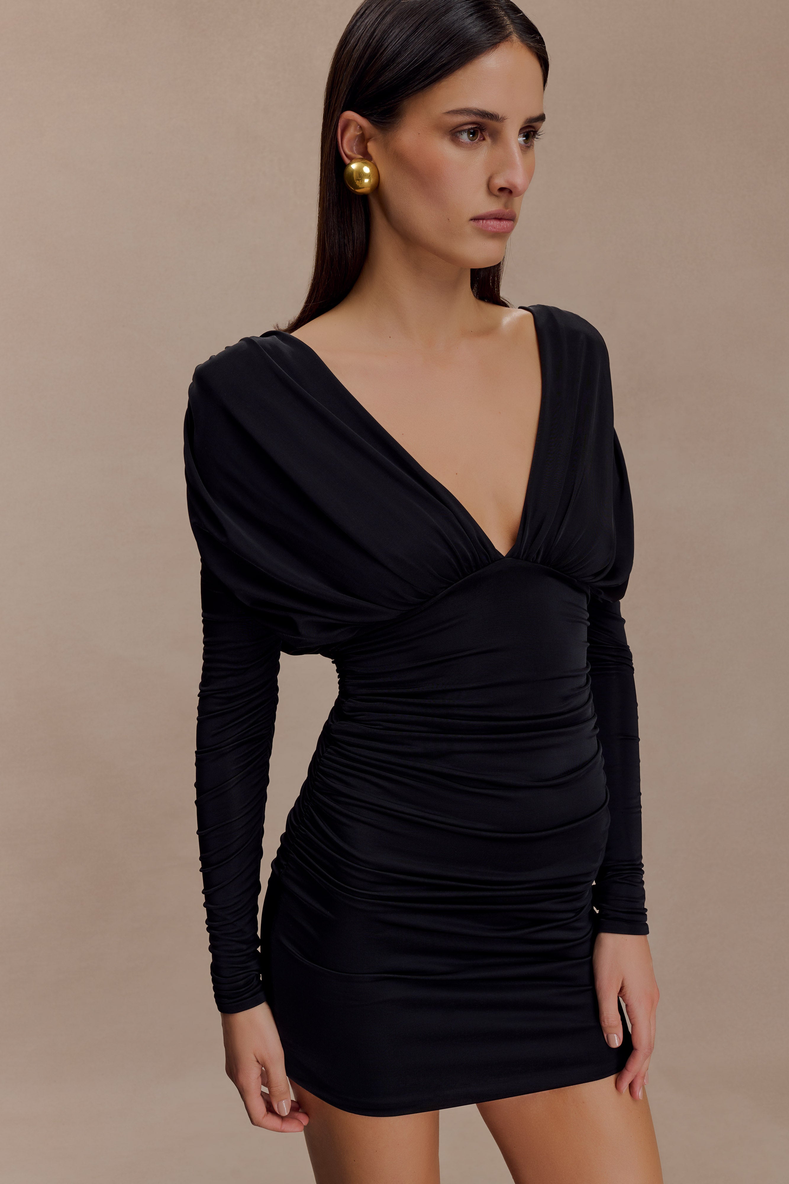 Hayden Long Sleeve Plunge Mini Dress - Black