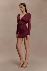 Hayden Long Sleeve Plunge Mini Dress - Burgundy