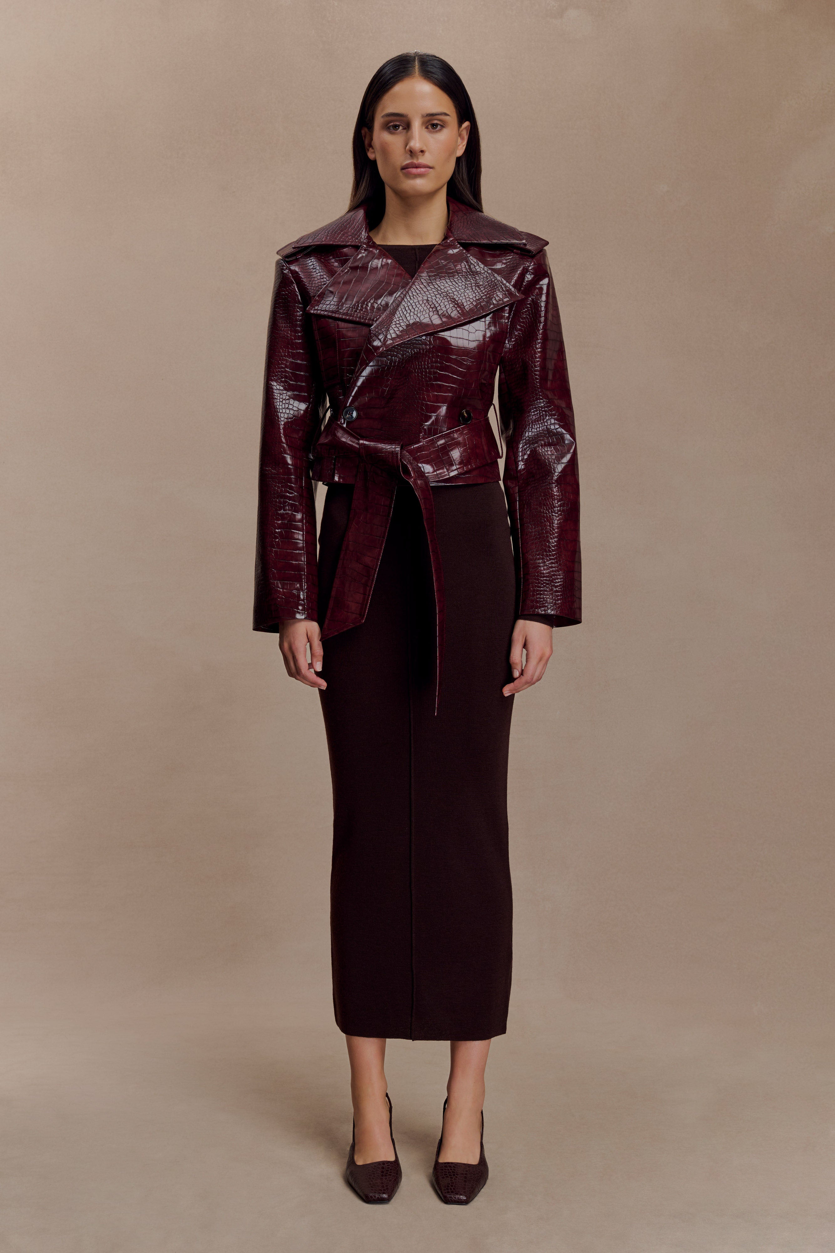 Archie Croc Faux Leather Cropped Jacket - Burgundy