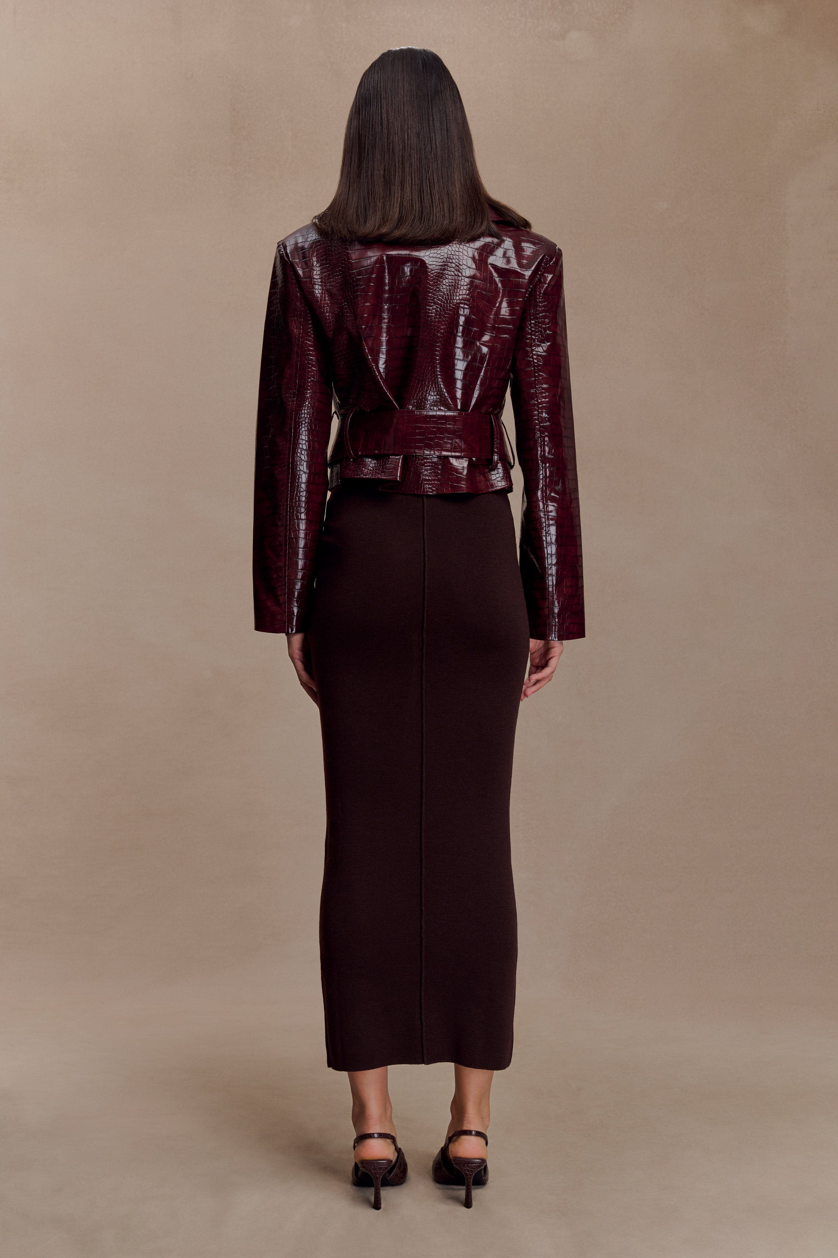 Archie Croc Faux Leather Cropped Jacket - Burgundy