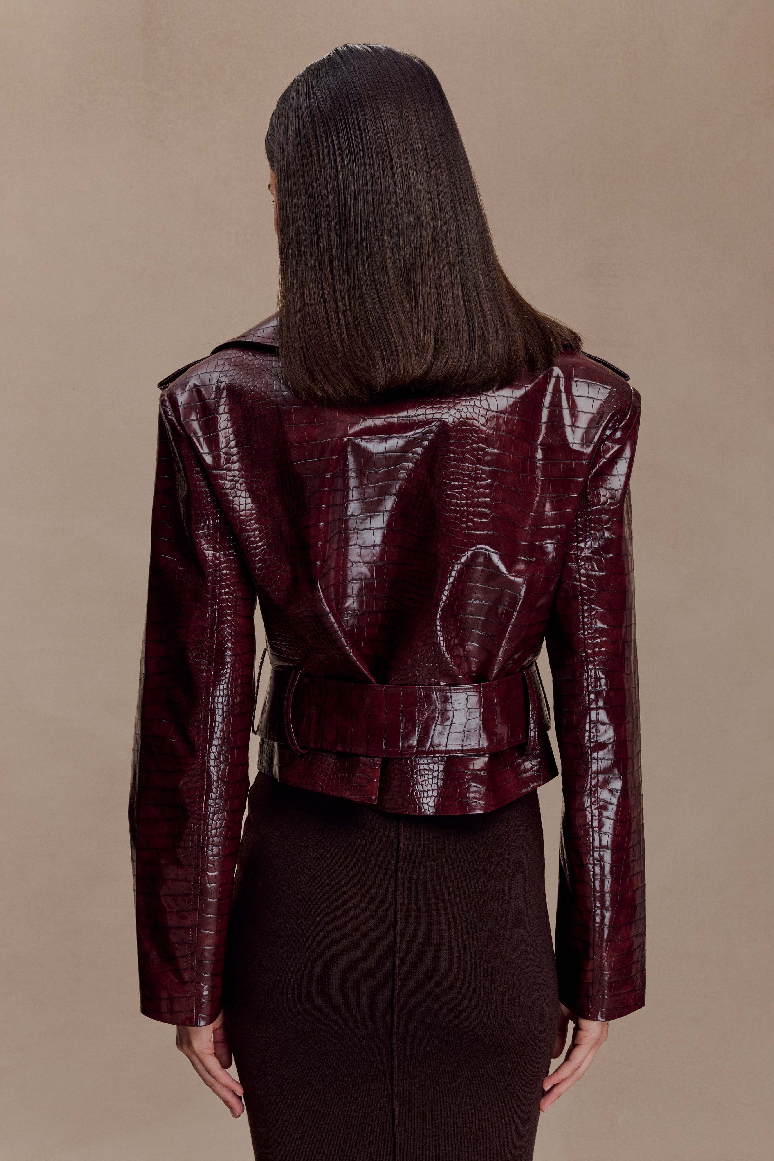 Archie Croc Faux Leather Cropped Jacket - Burgundy