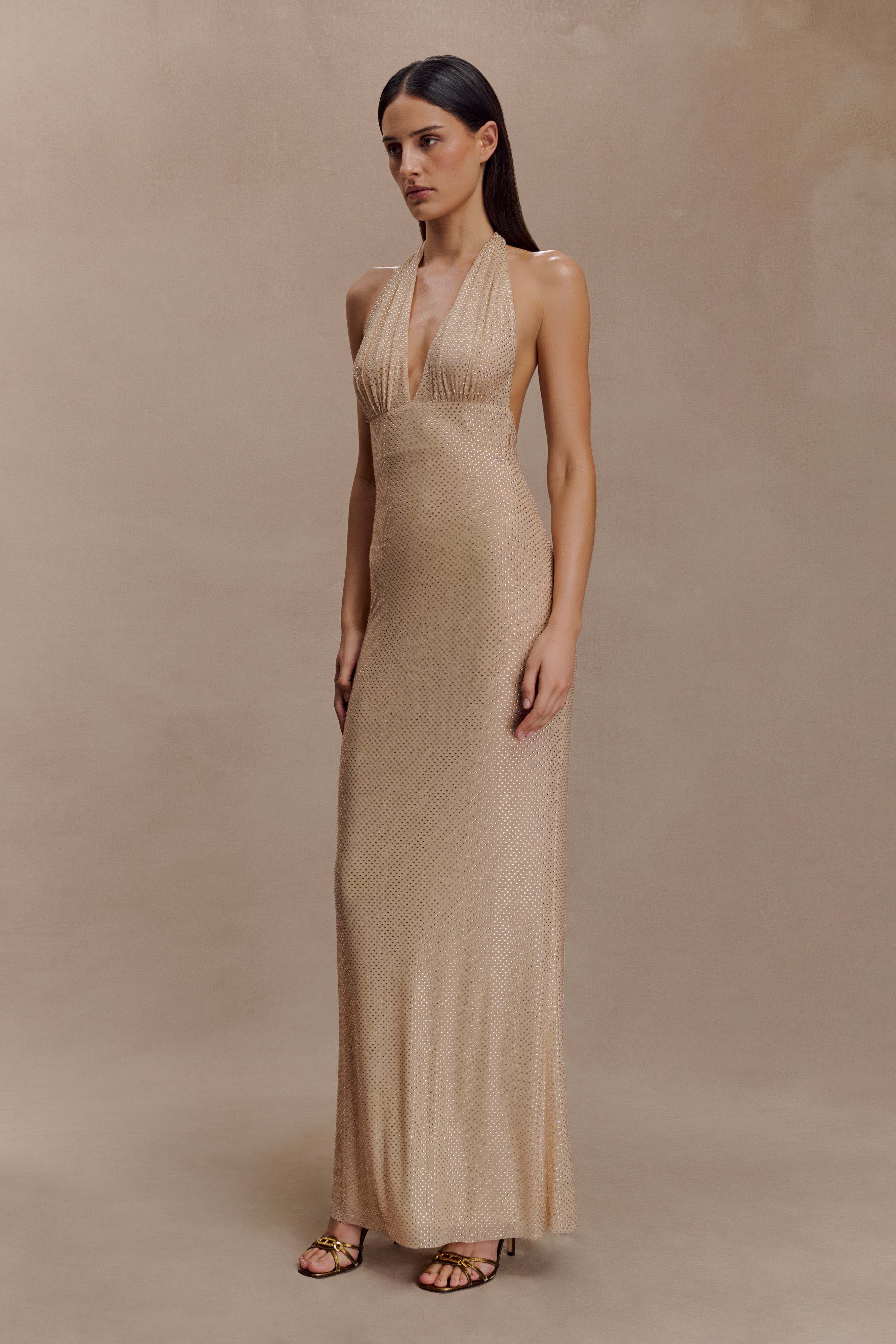 Harriet Halter Neck Diamante Maxi Dress - Sandy Gold
