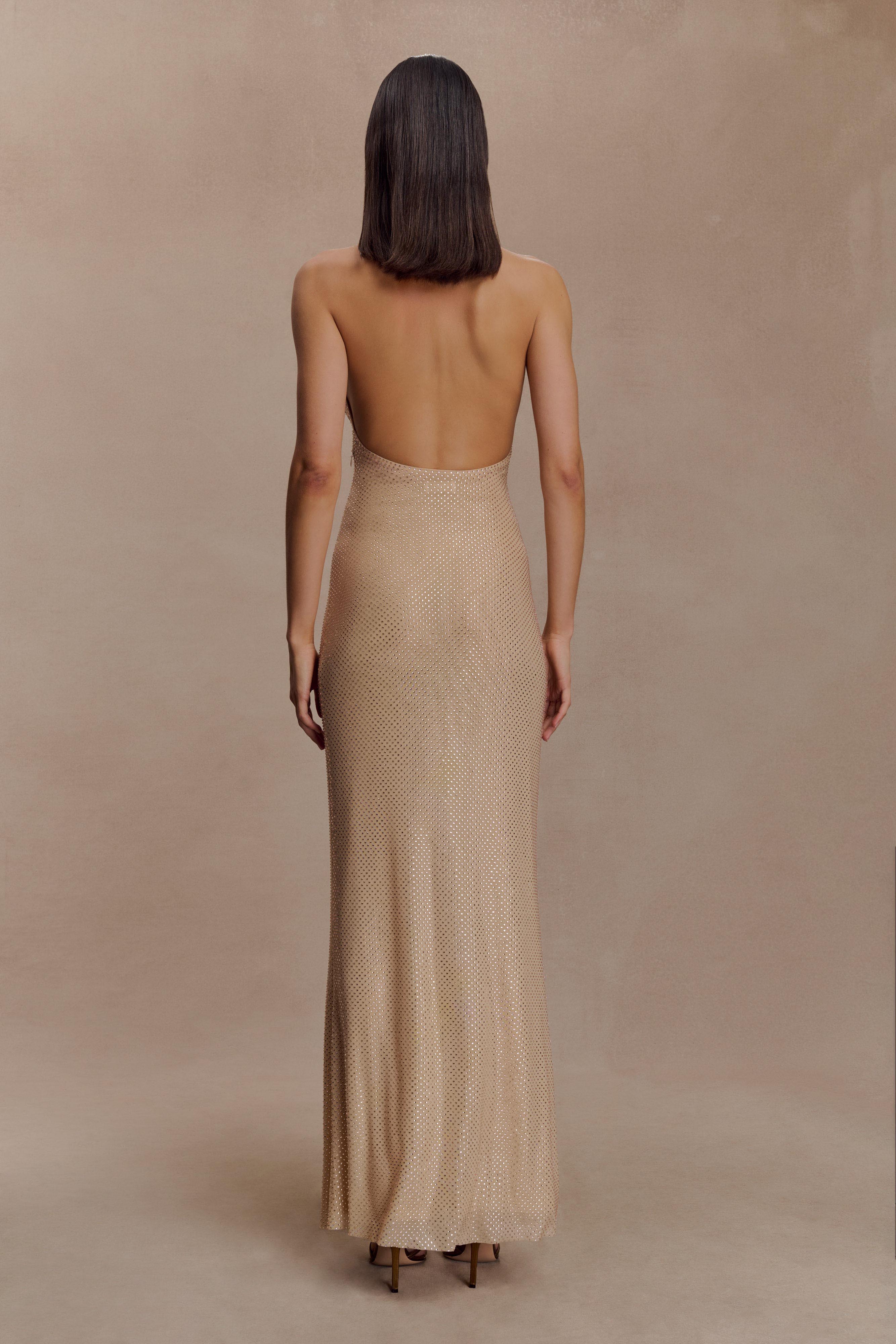 Harriet Halter Neck Diamante Maxi Dress - Sandy Gold