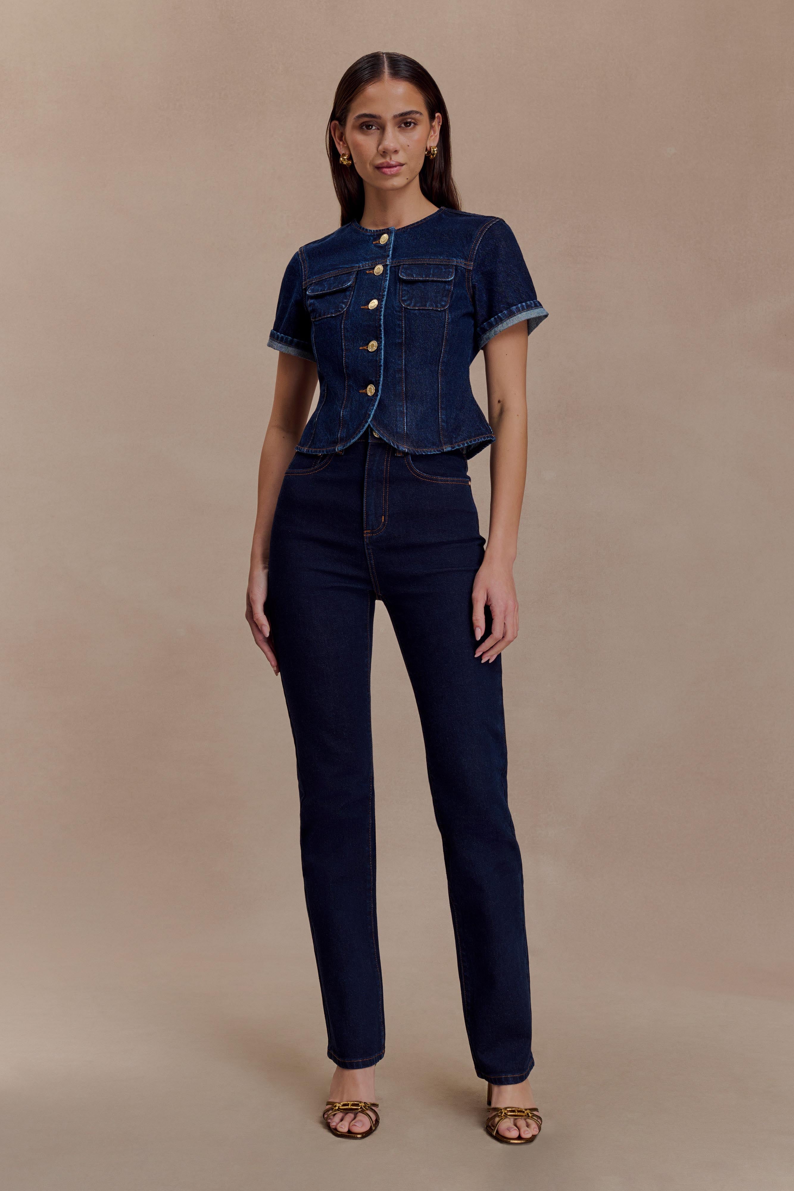 Marge Fitted Denim Short Sleeve Top - Indigo Blue