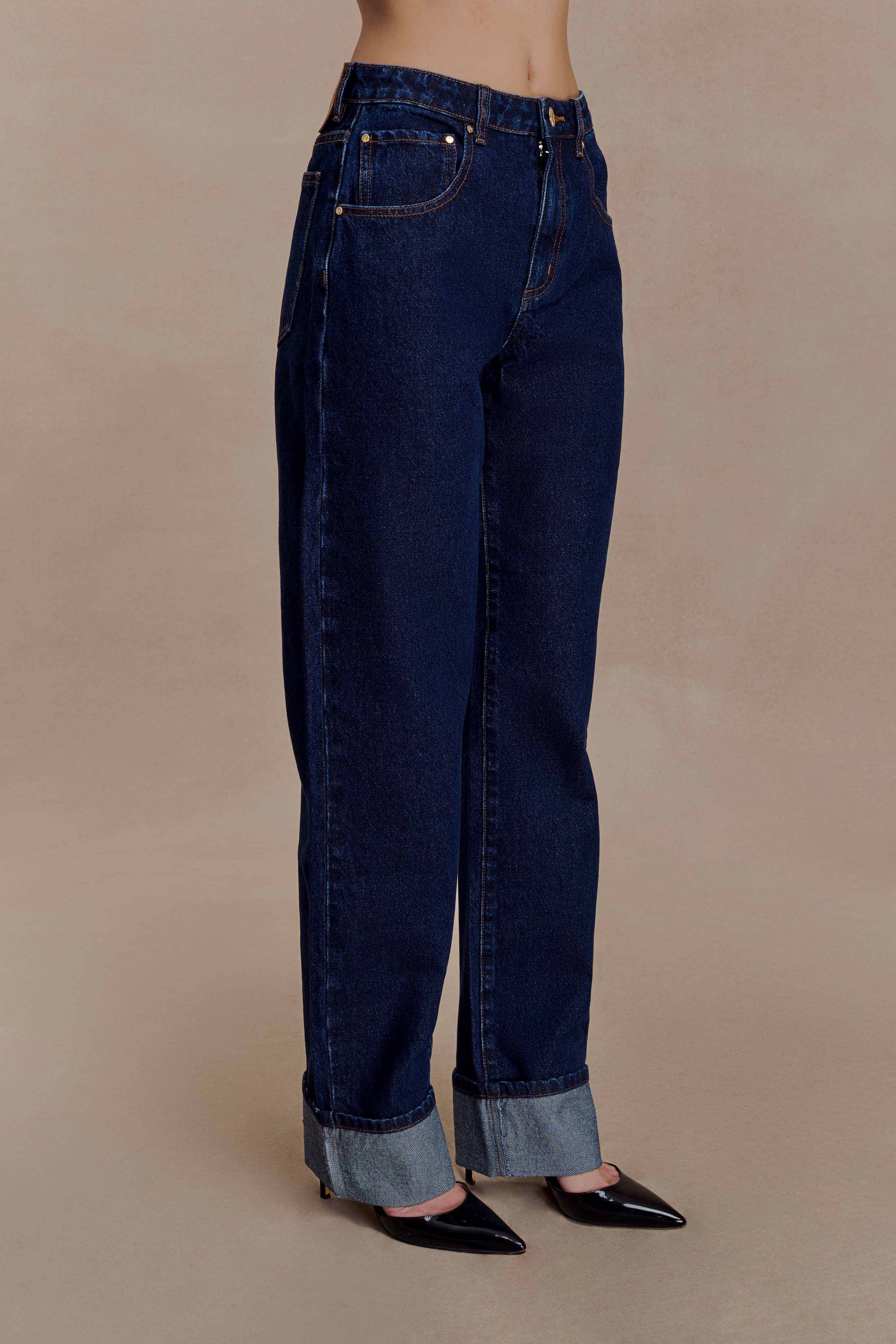 Kirralee Straight Leg Cuffed Jeans - Indigo Blue