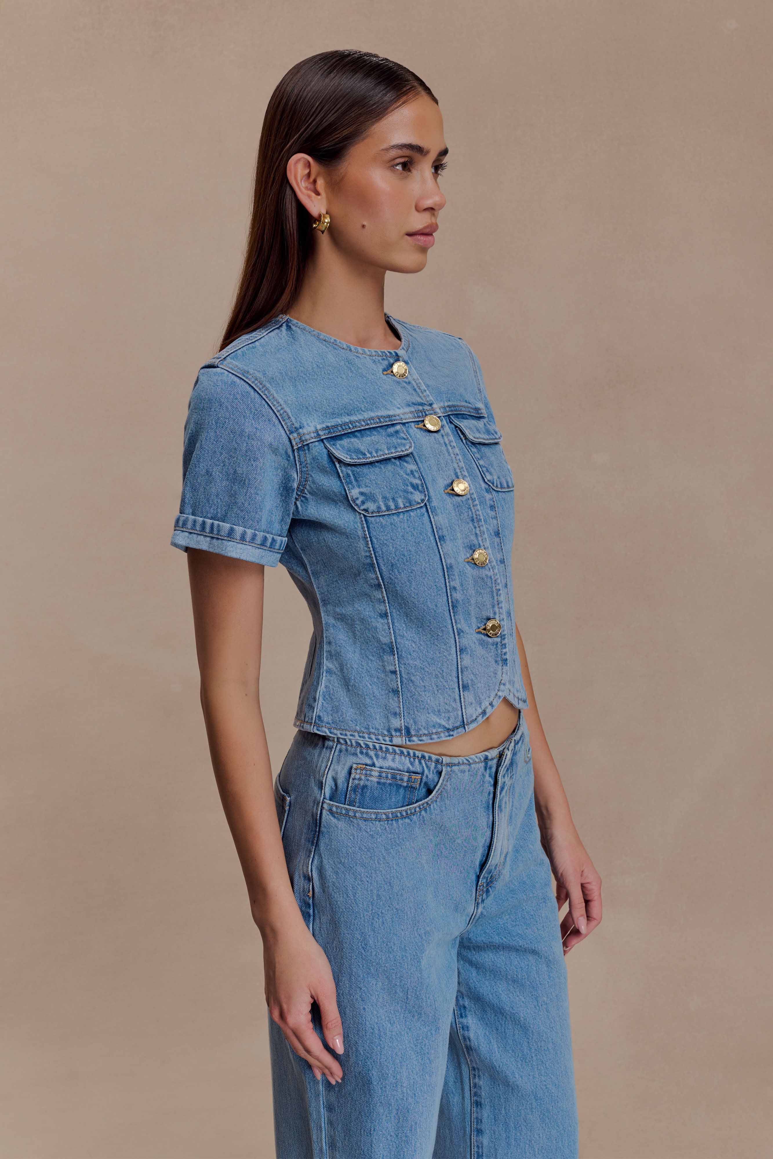 Marge Fitted Denim Short Sleeve Top - Classic Blue