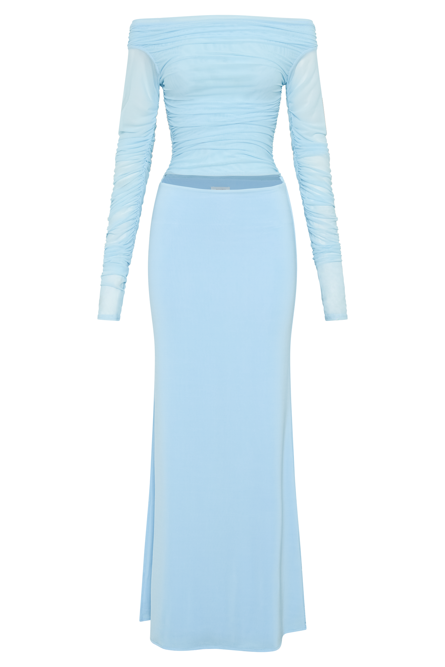 Darla Mesh And Slinky Off Shoulder Maxi Dress - Sky Blue