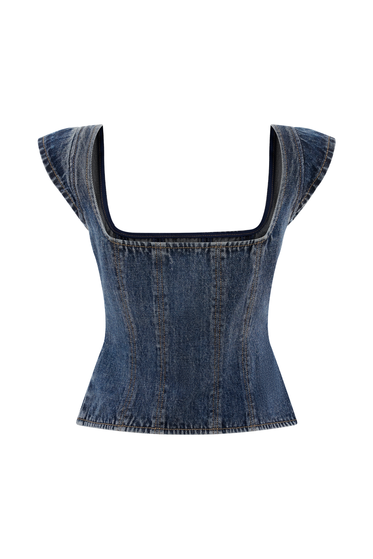 Loretta Cap Sleeve Denim Top - Washed Dark Blue
