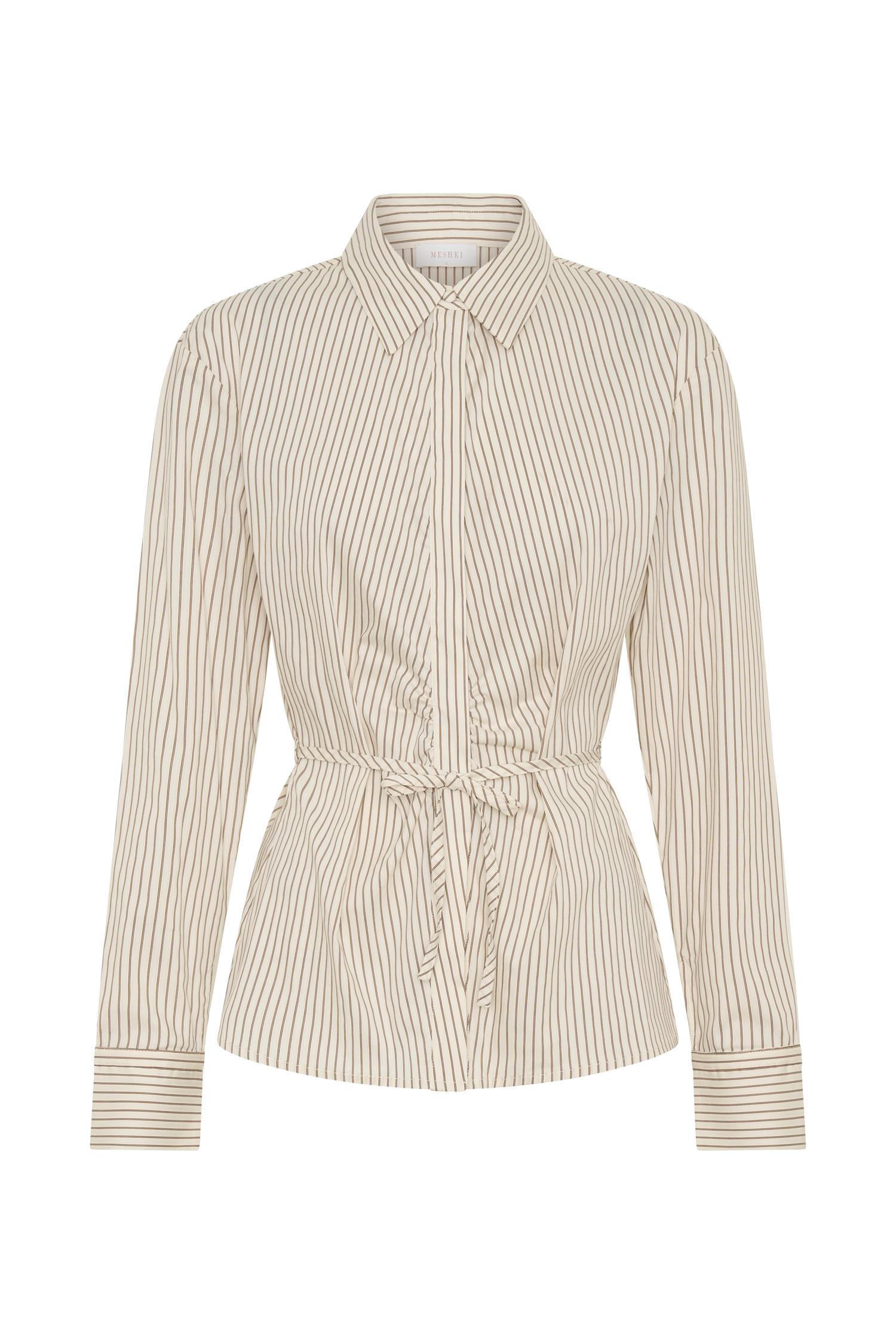 Millie Tie Back Cotton Shirt - Beige Pinstripe