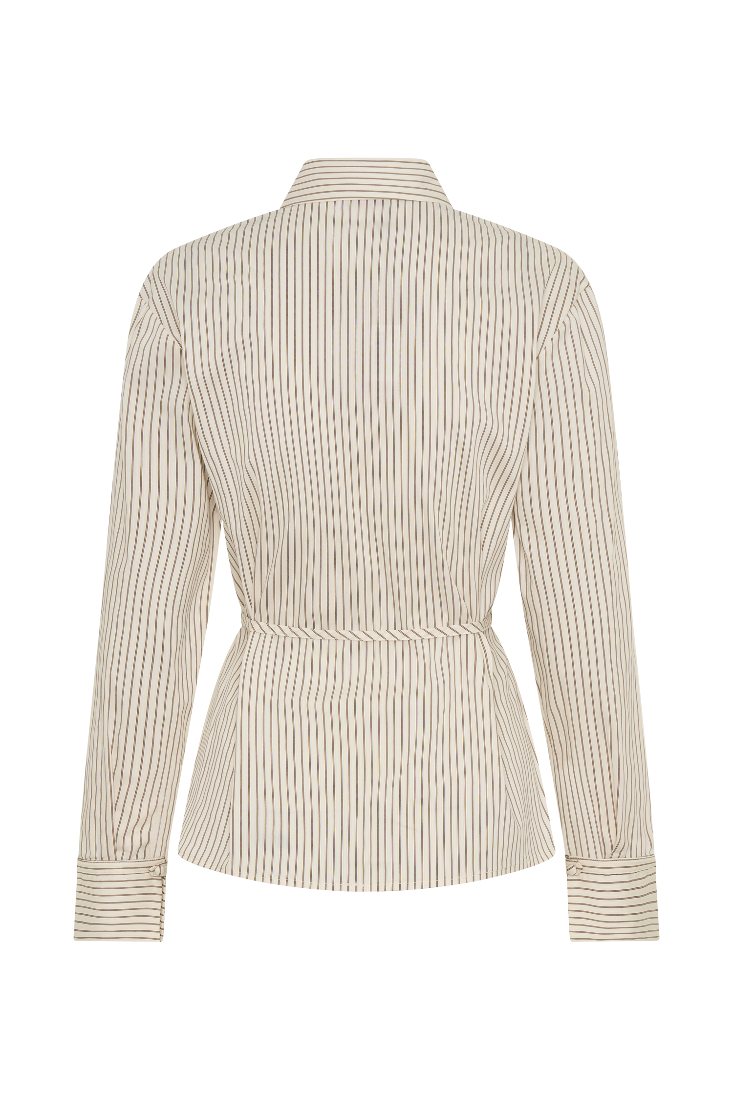 Millie Tie Back Cotton Shirt - Beige Pinstripe