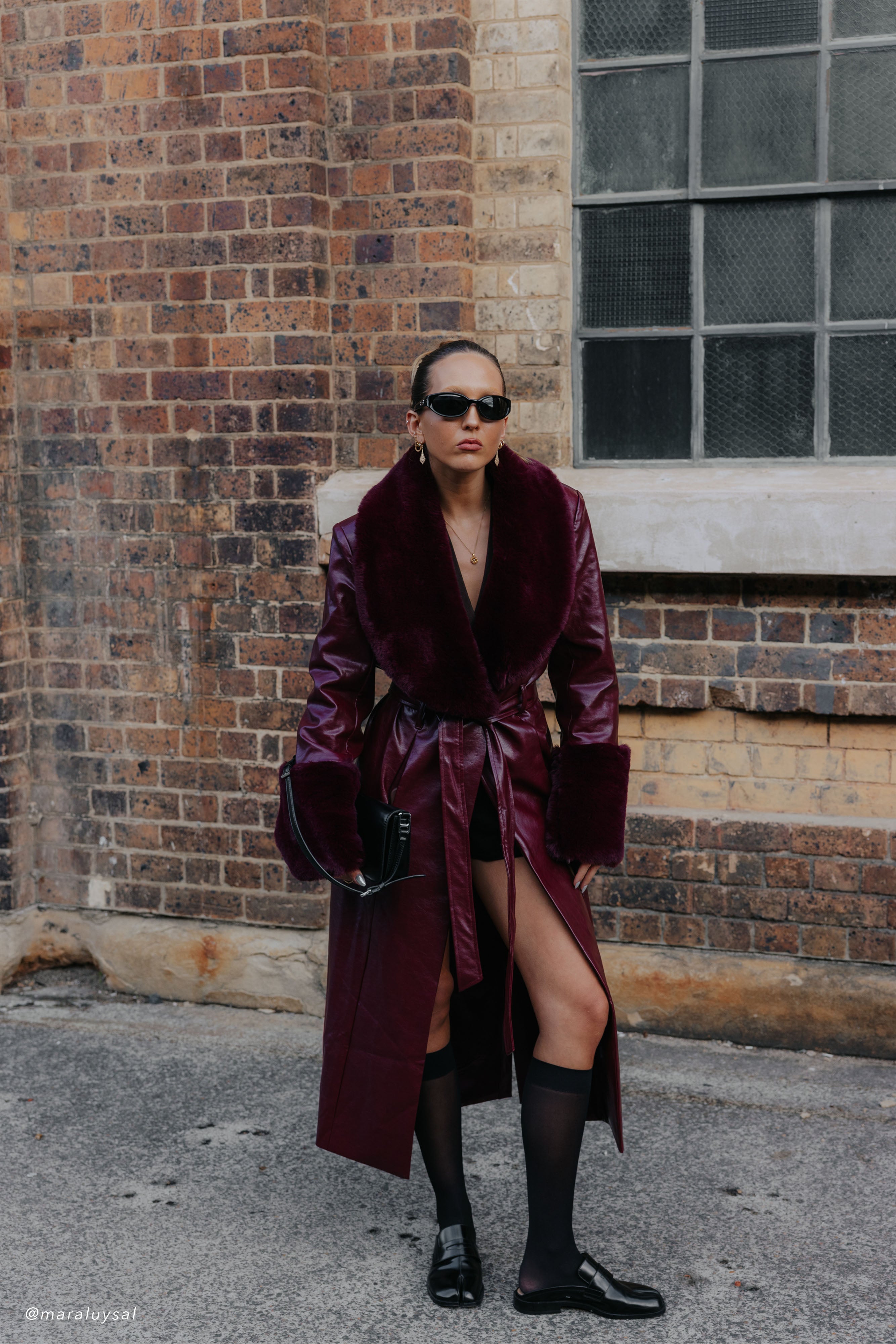 Bec Faux Leather Trench Coat With Faux Fur - Cherry Red