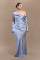 Iris Long Sleeve Satin Maxi Dress - Frosted Blue