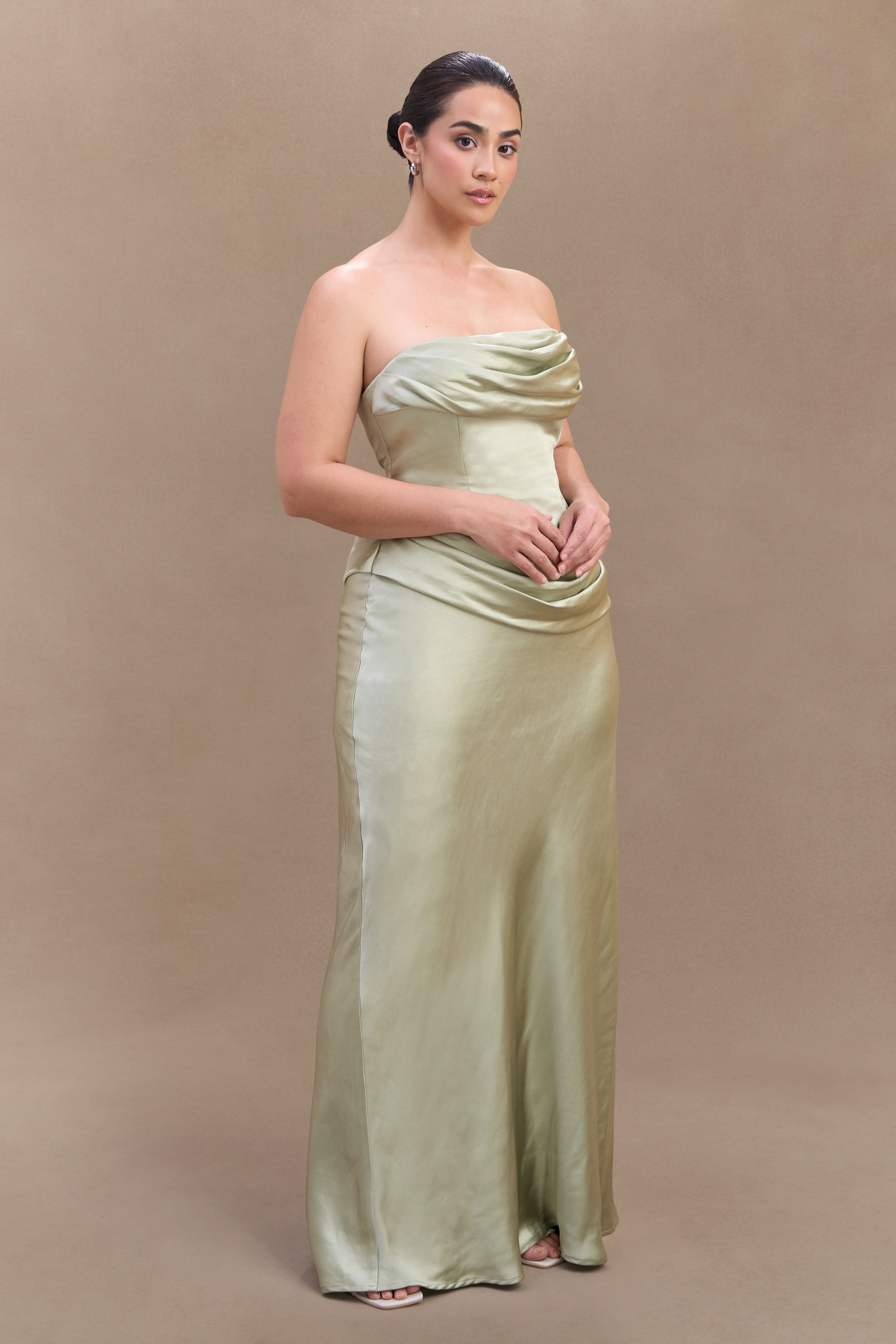 Jasmine Strapless Satin Maxi Dress - Sage