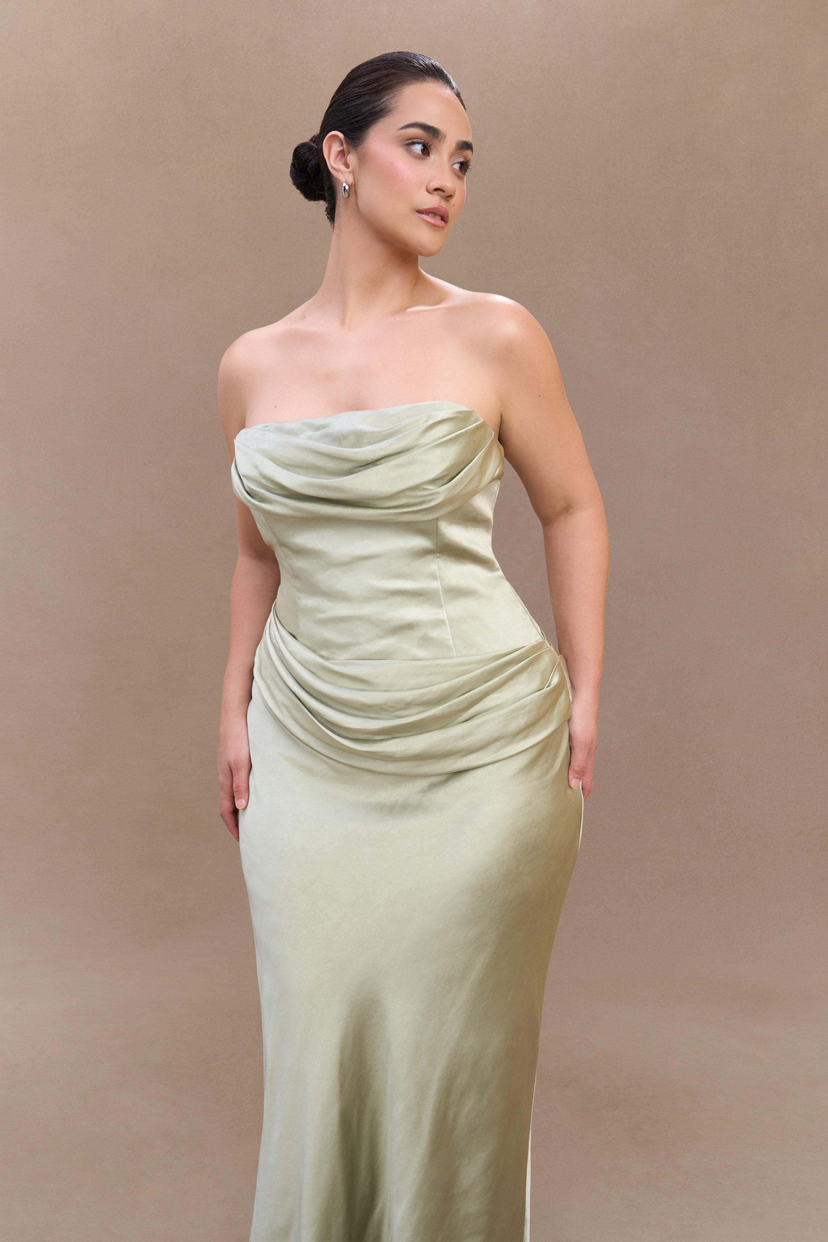 Jasmine Strapless Satin Maxi Dress - Sage
