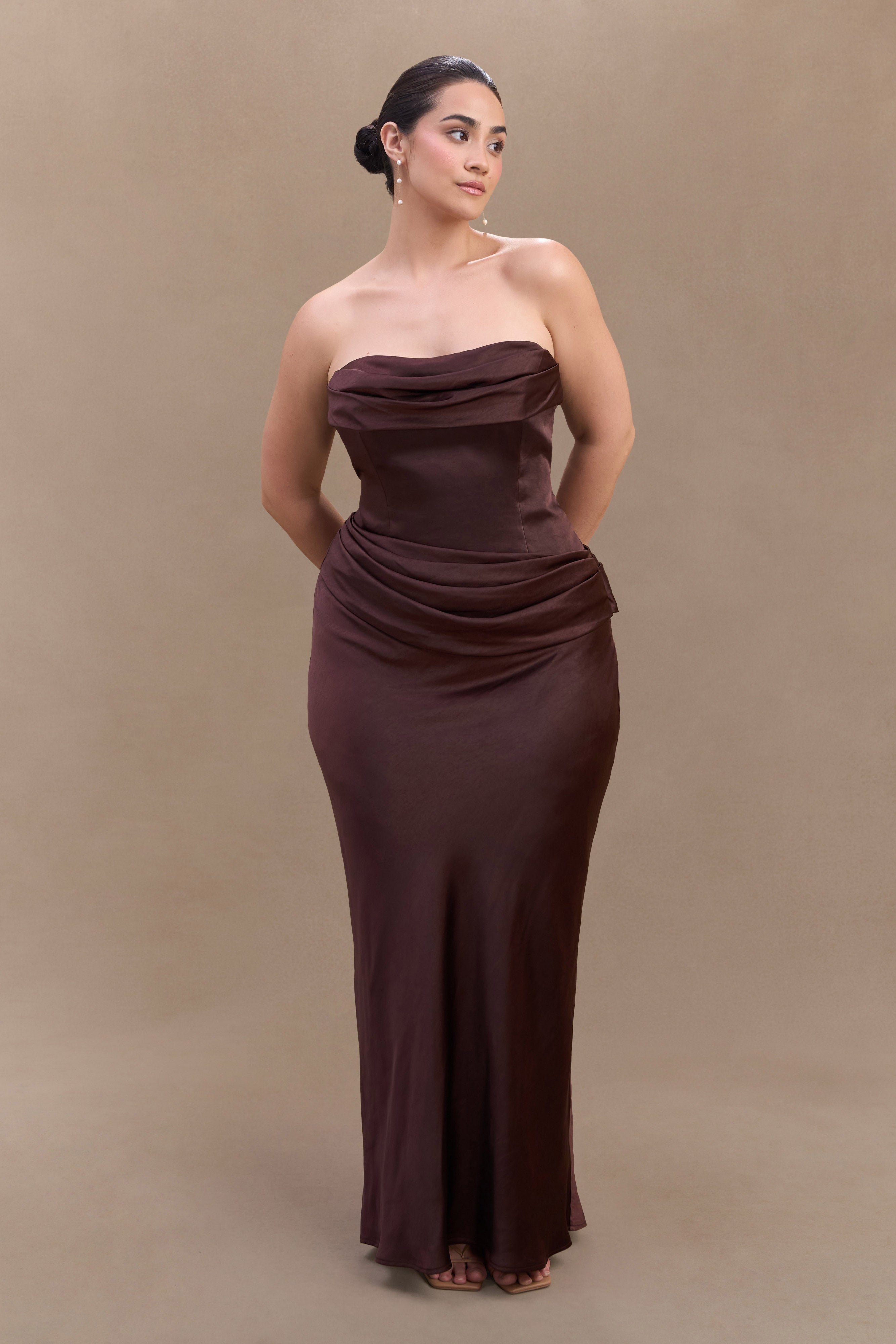 Jasmine Strapless Satin Maxi Dress - Dark Chocolate