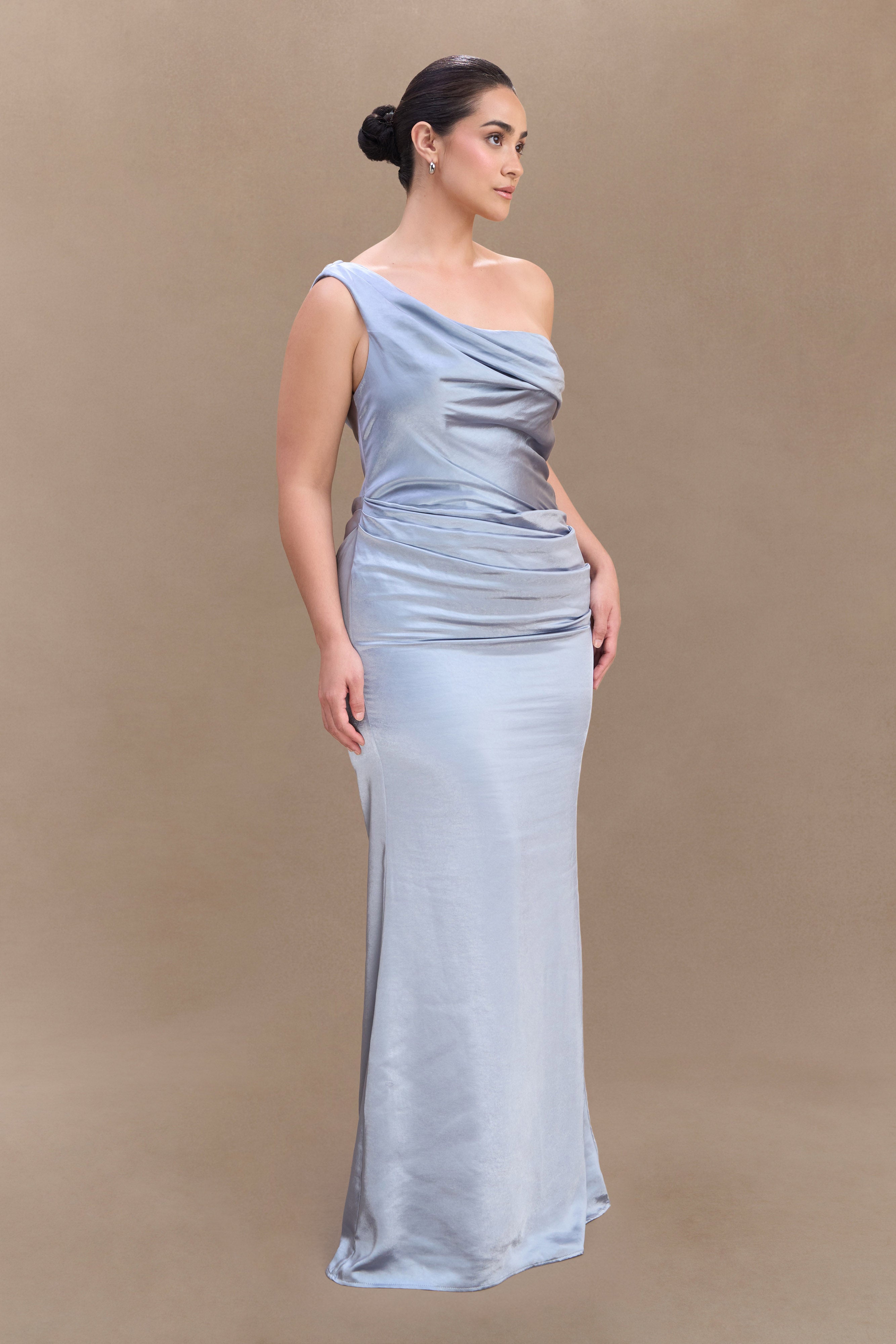 Dalia Off Shoulder Satin Maxi Dress - Frosted Blue
